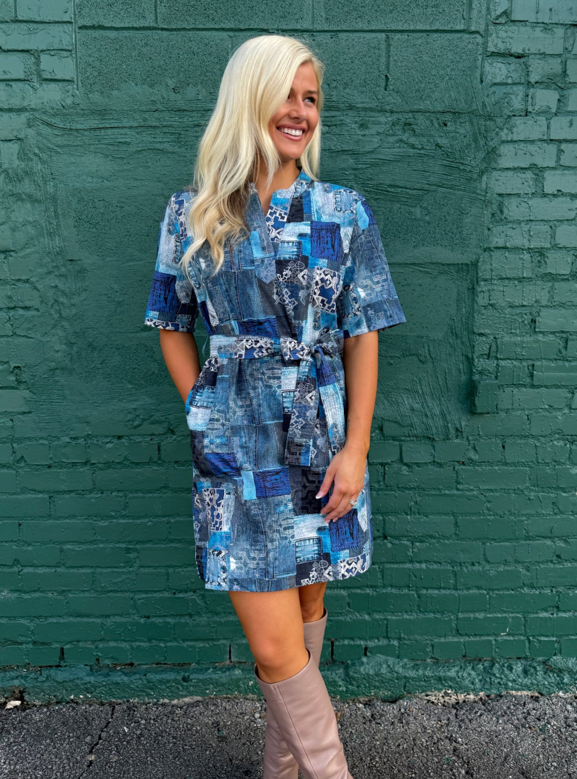 APNY Denim Multi Patchwork Dress