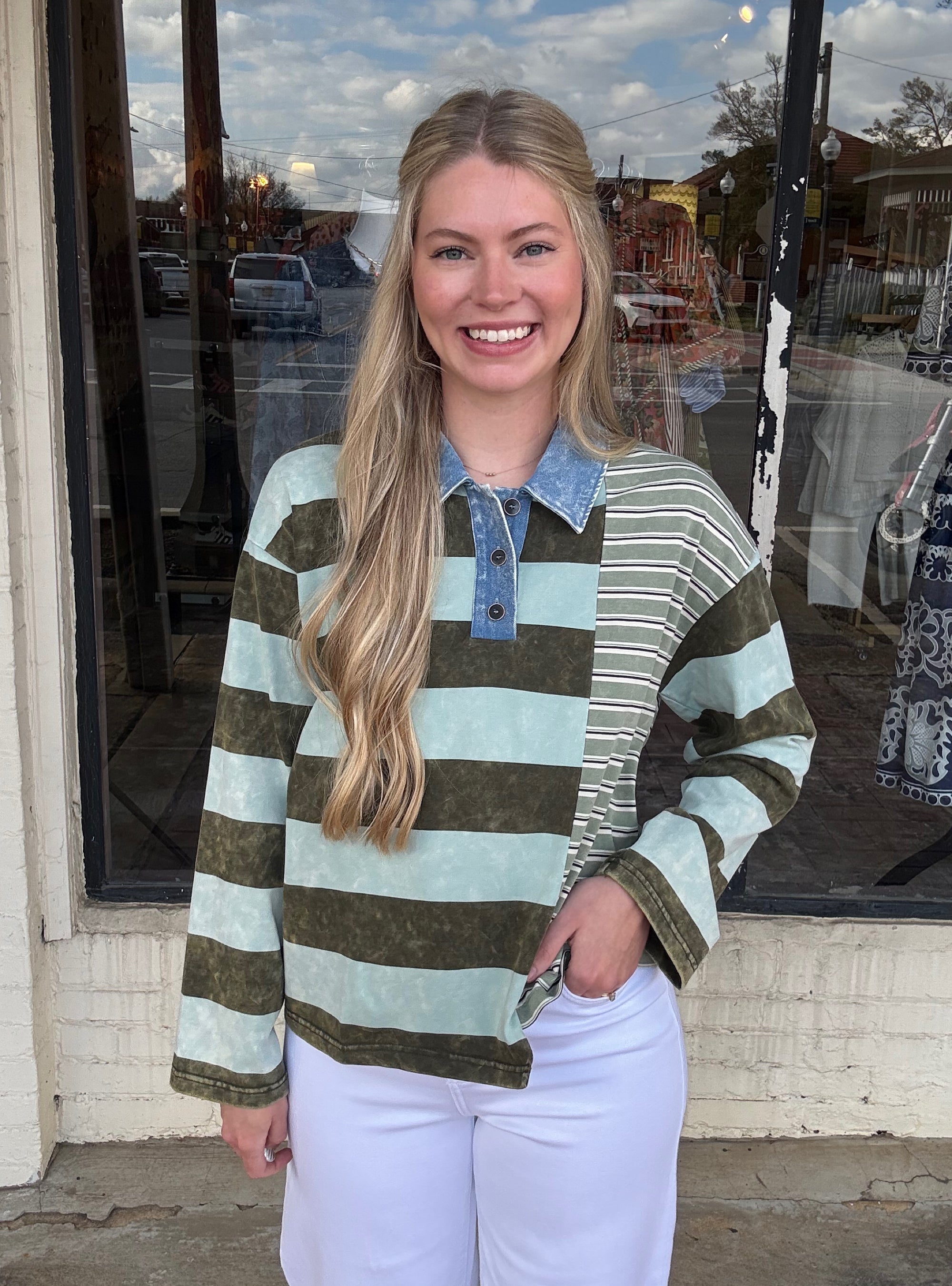 Sage and Stripes Relaxed Fit Polo