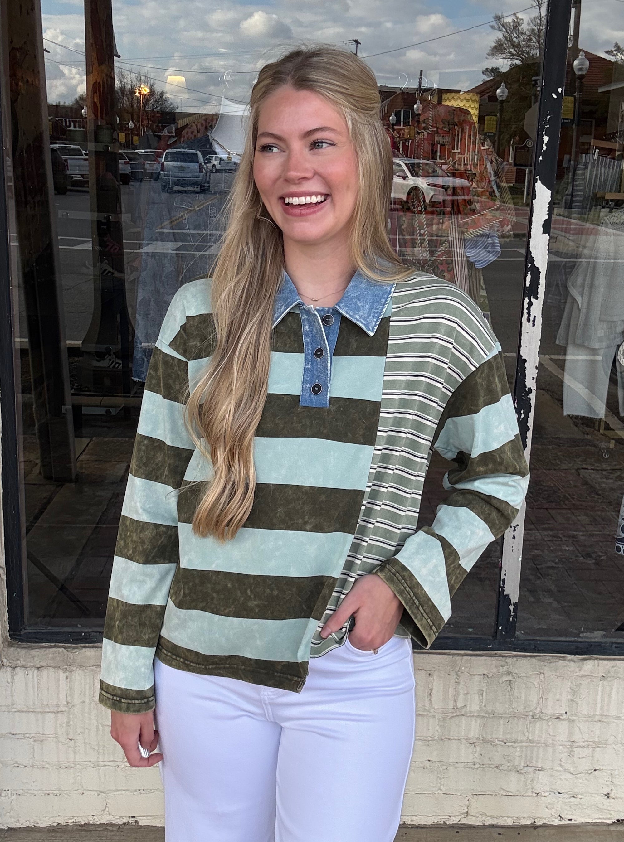 Sage and Stripes Relaxed Fit Polo