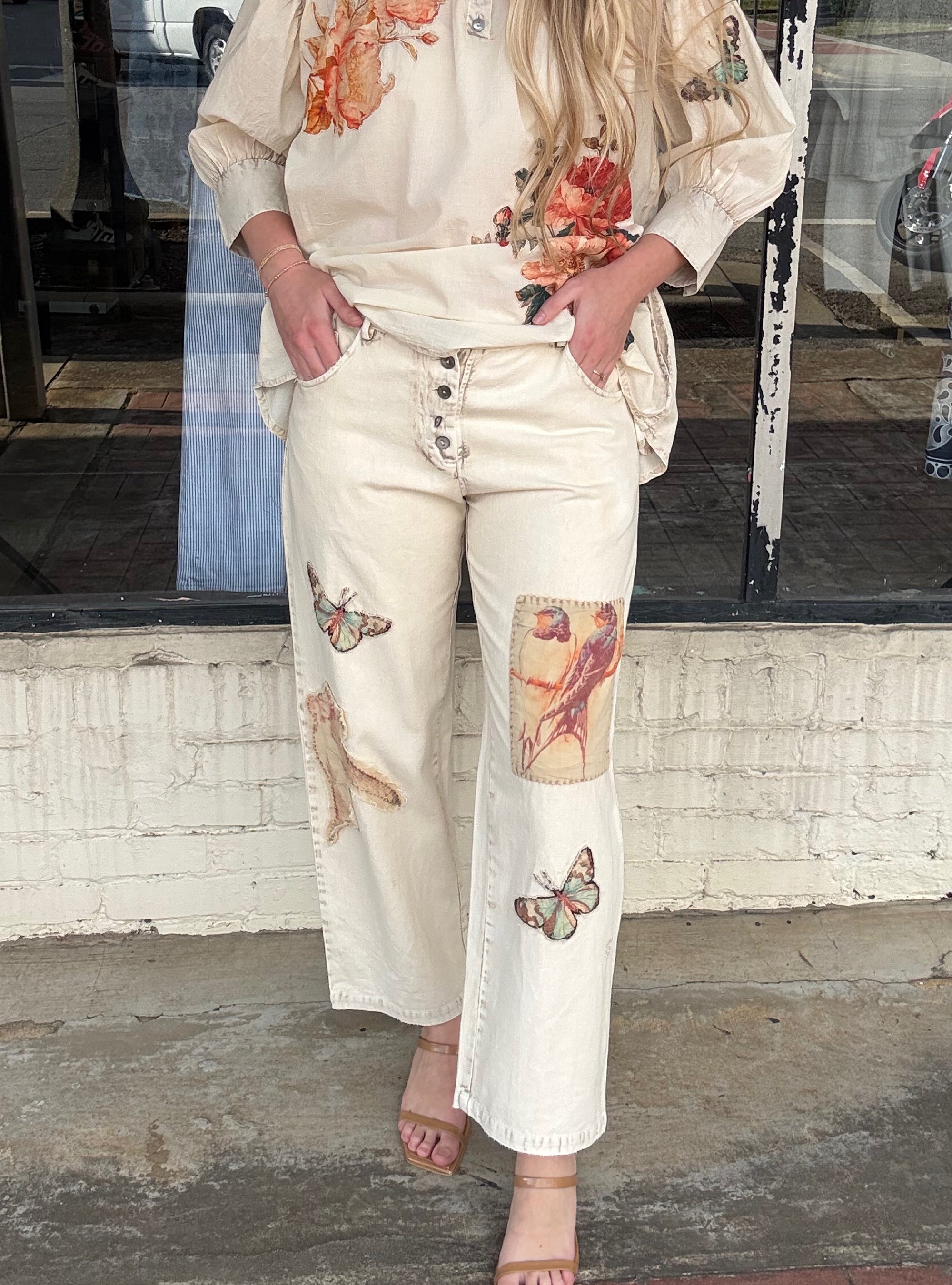 Paper Lace Cream Butterfly Design Pants