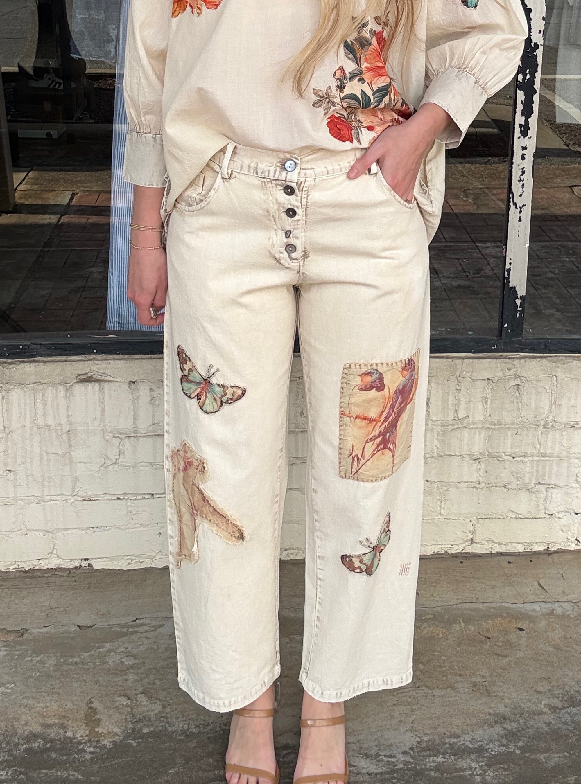 Paper Lace Cream Butterfly Design Pants