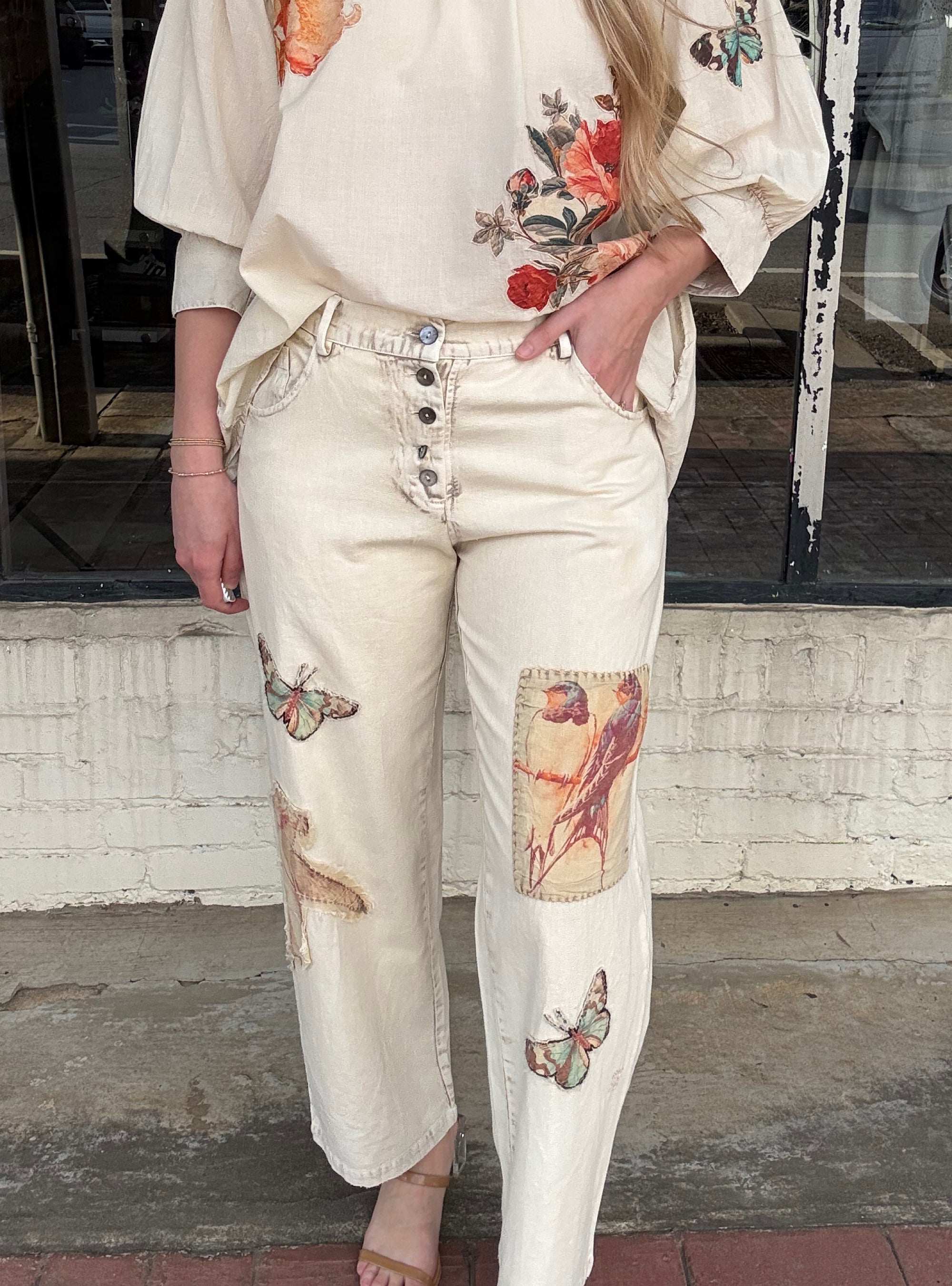 Paper Lace Cream Butterfly Design Pants