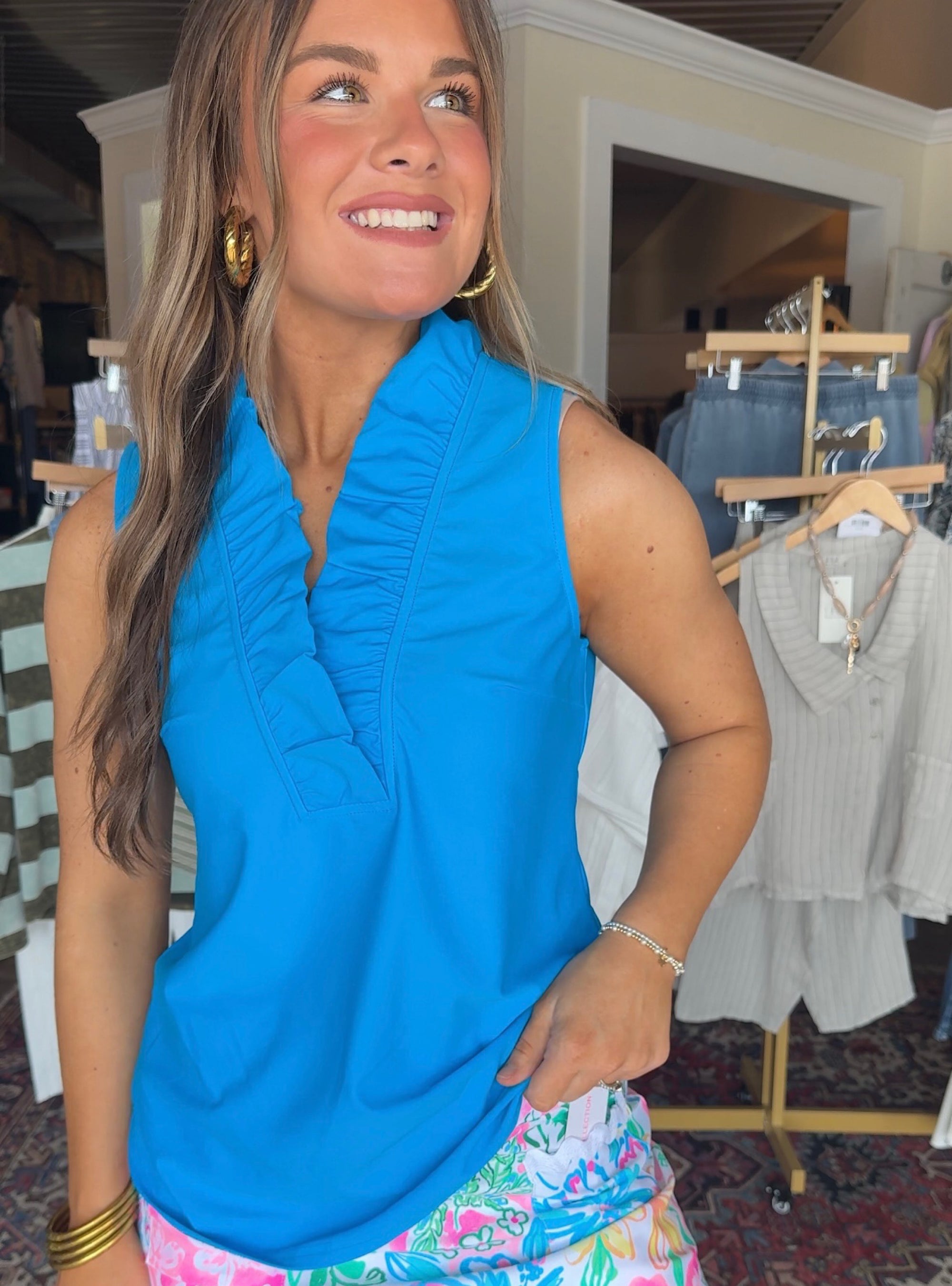 Blue Is The Move Ruffle Tank Top