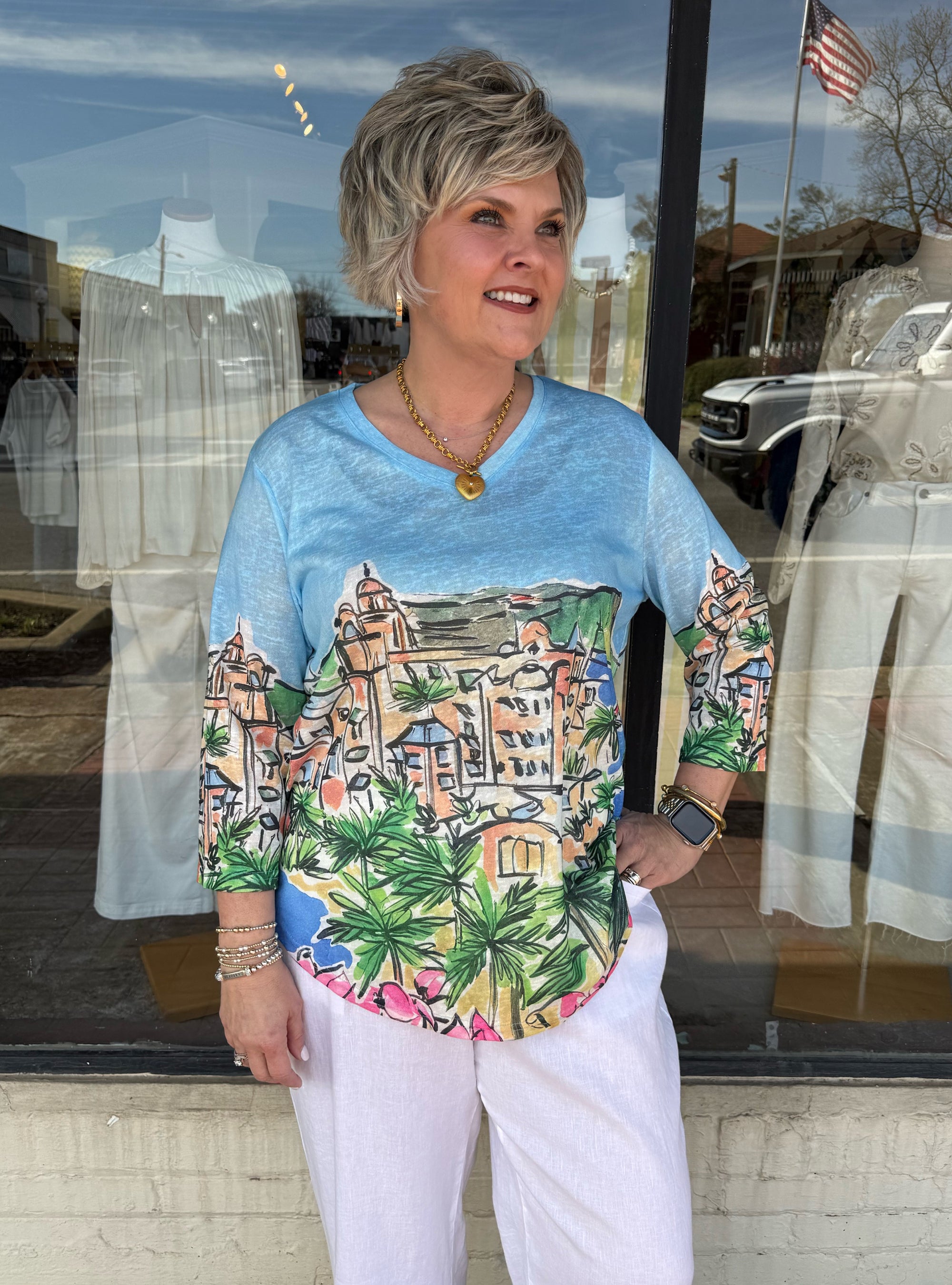 Shana Apparel 3/4 Sleeve City Scene Top