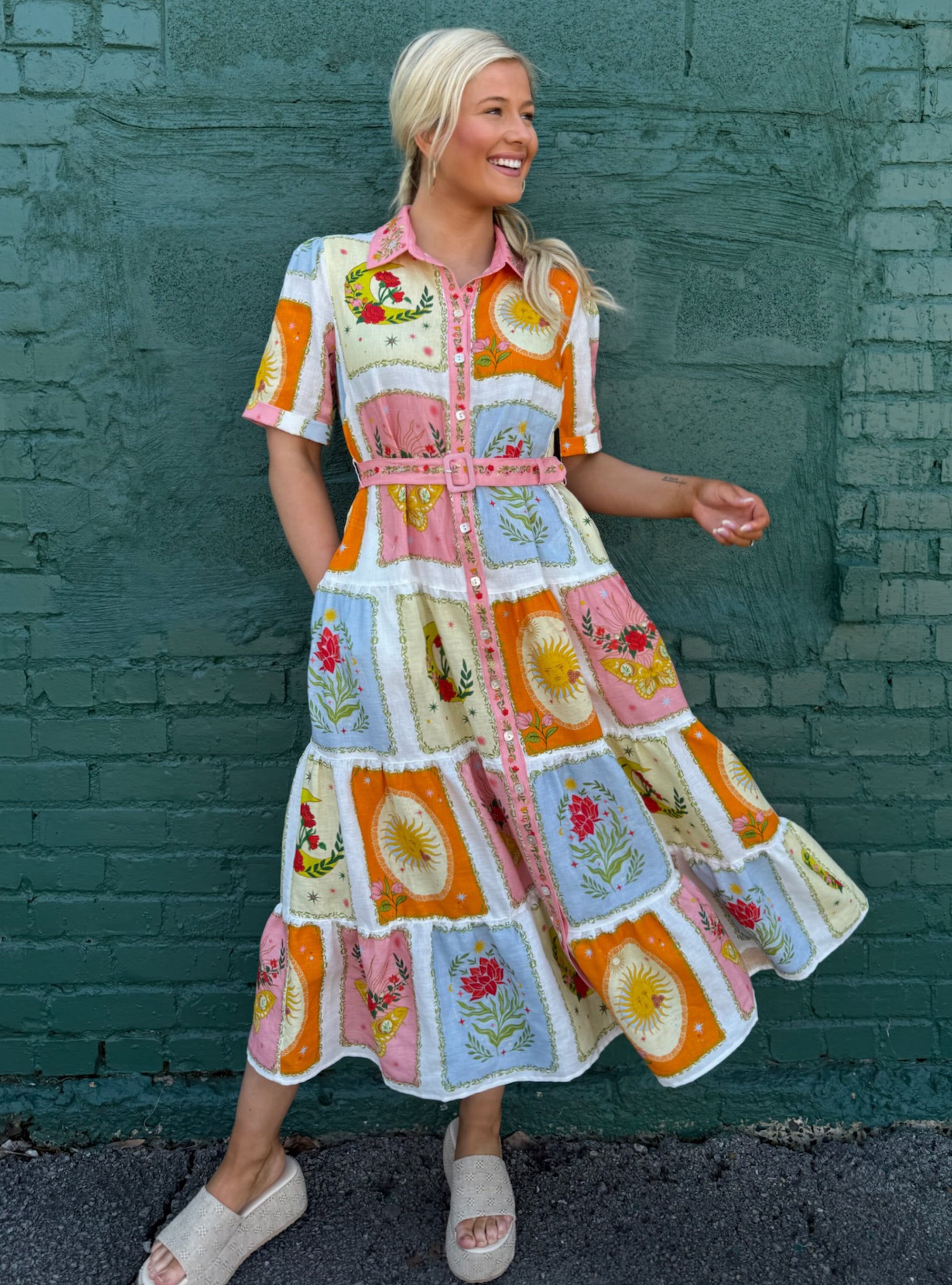 John Mark Floral Patchwork Linen Belted Midi Dress