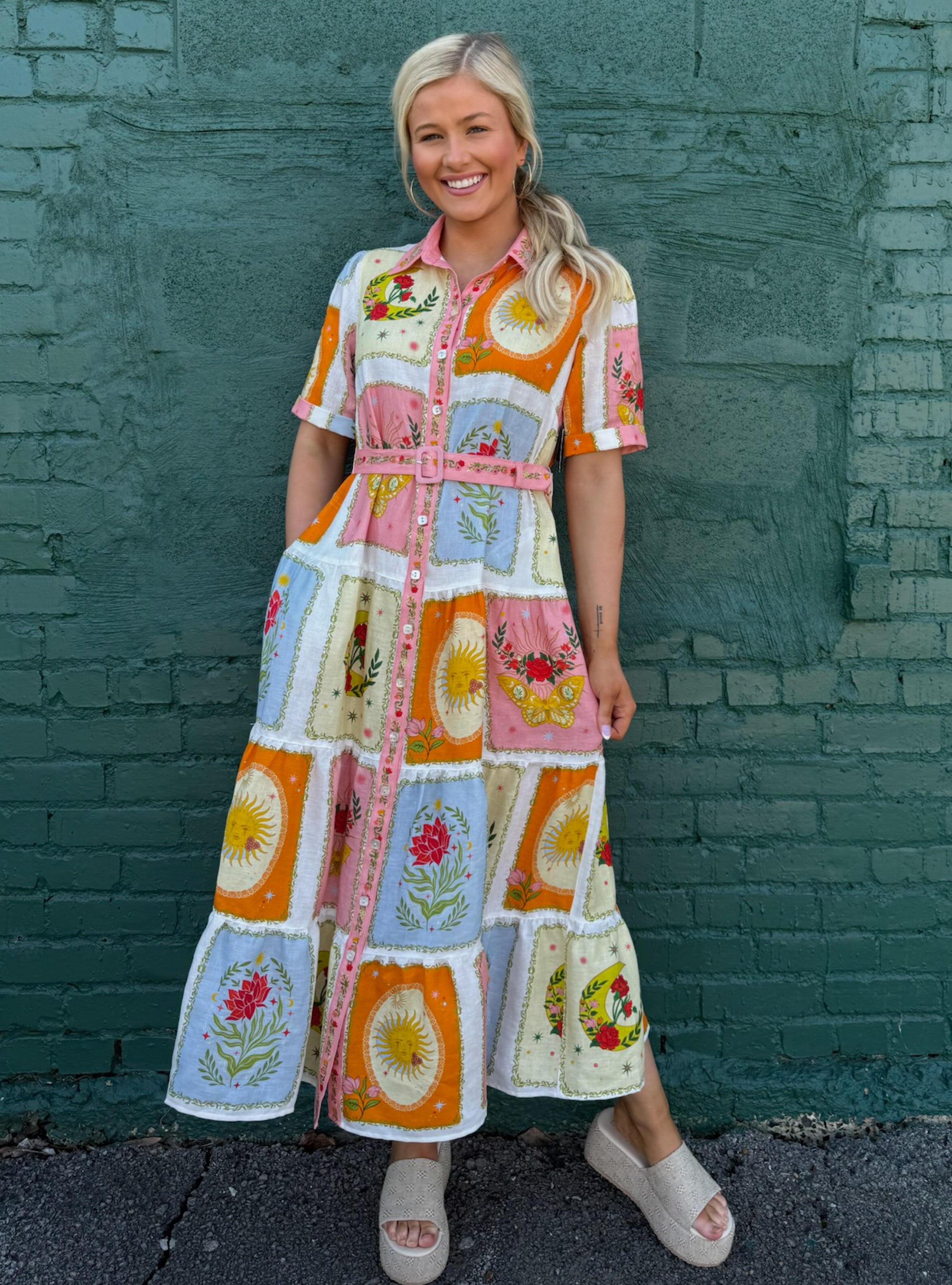 John Mark Floral Patchwork Linen Belted Midi Dress
