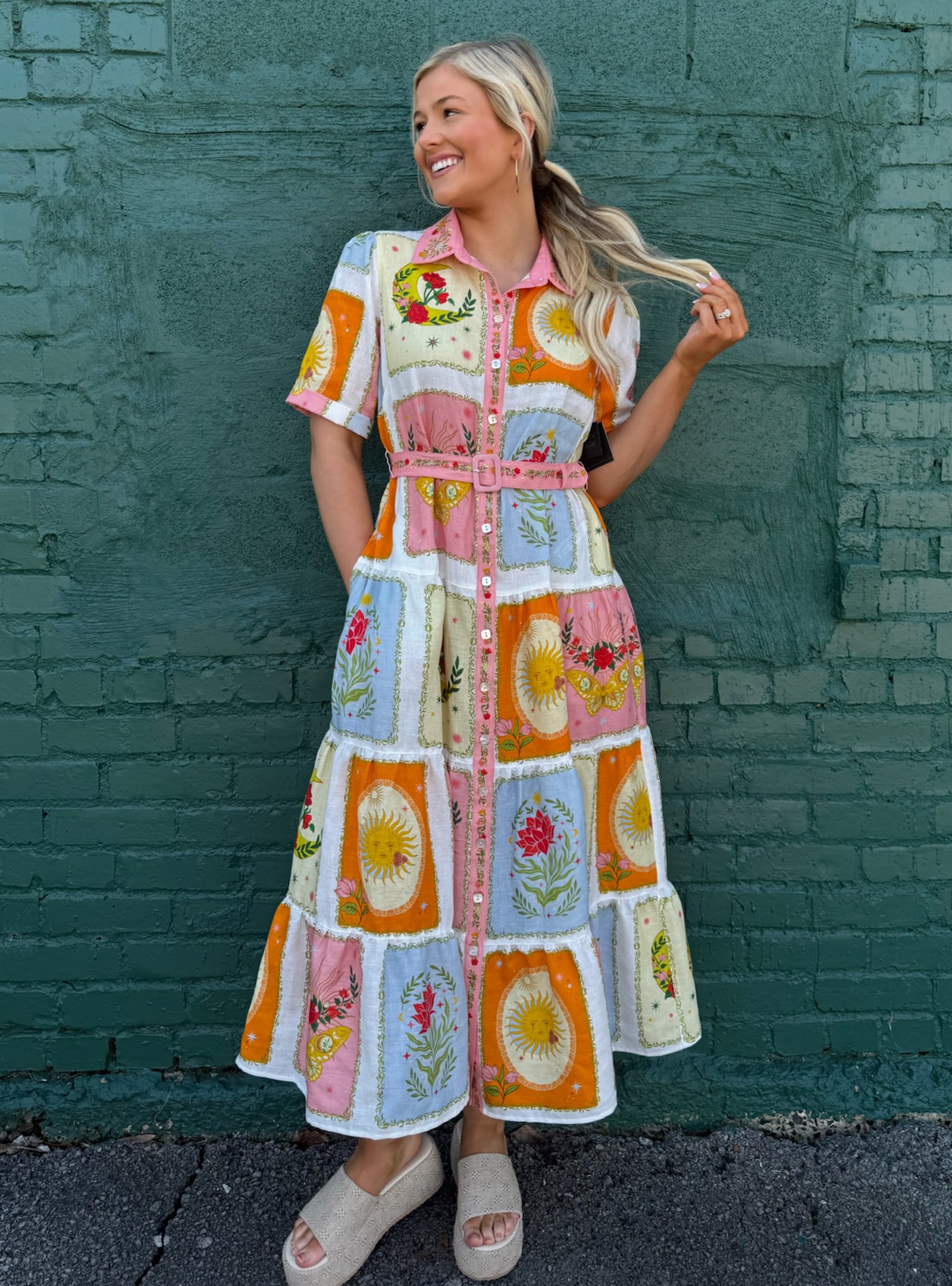 John Mark Floral Patchwork Linen Belted Midi Dress