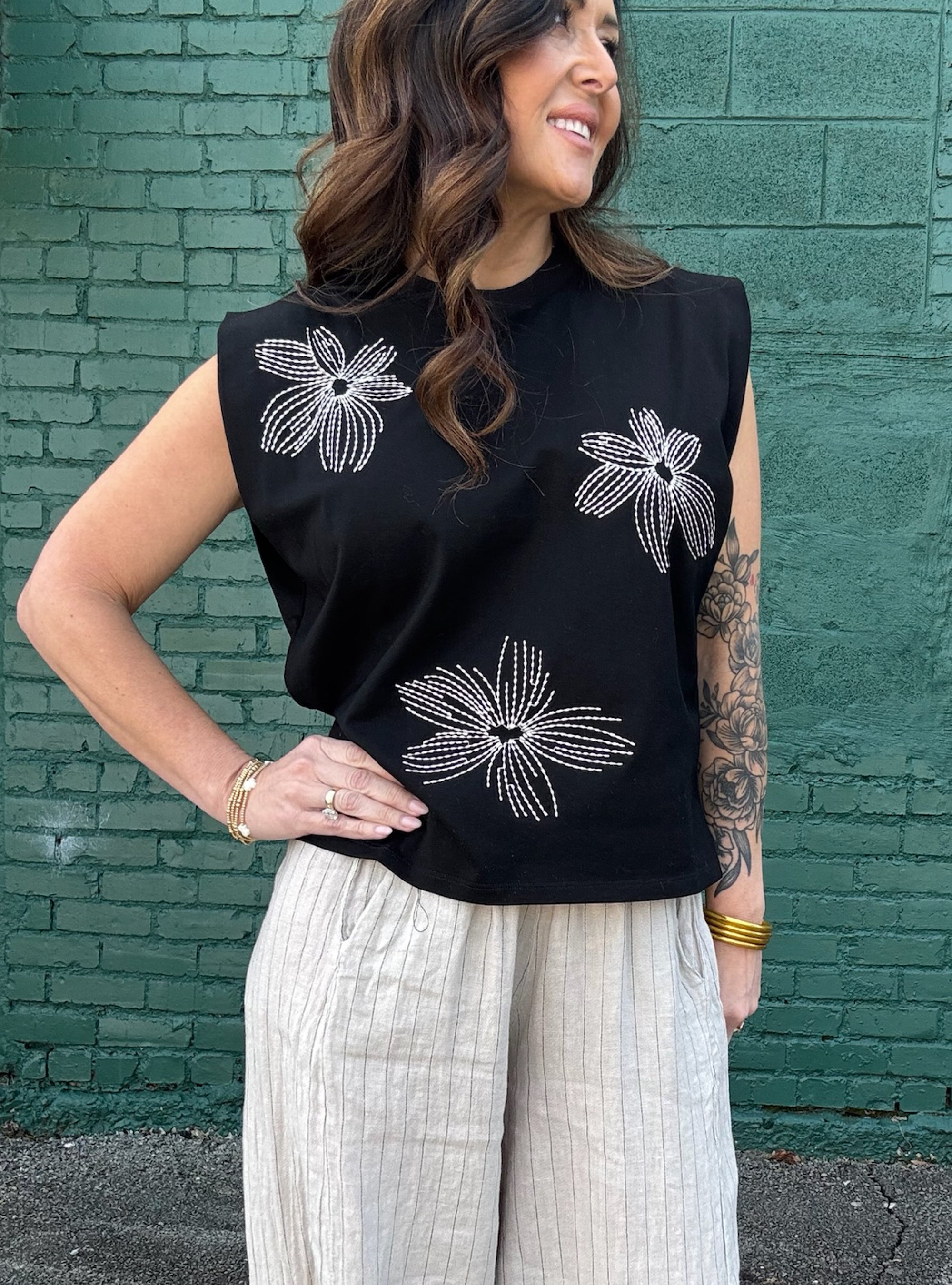 Stitched In Bloom Black Top