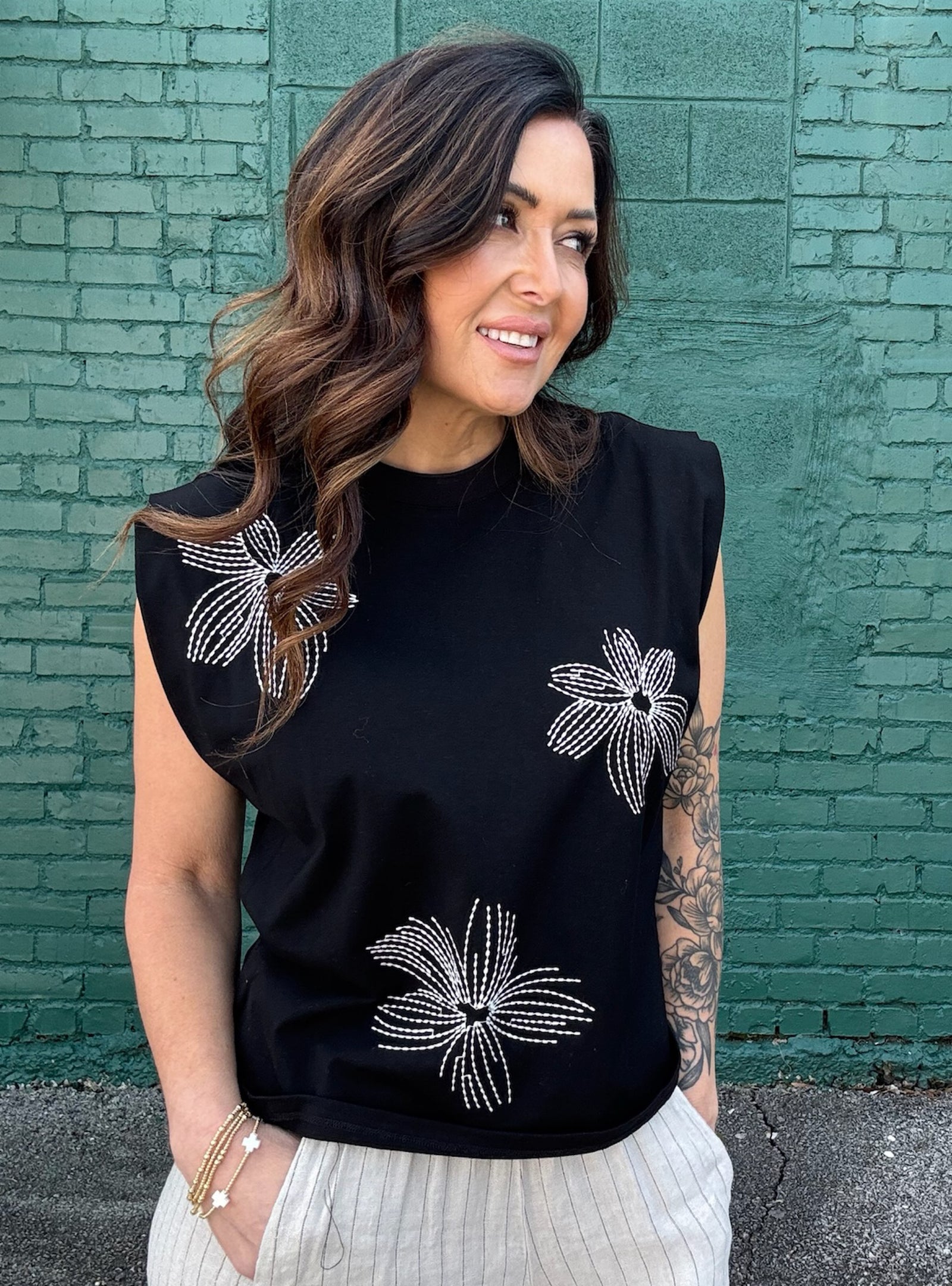Stitched In Bloom Black Top
