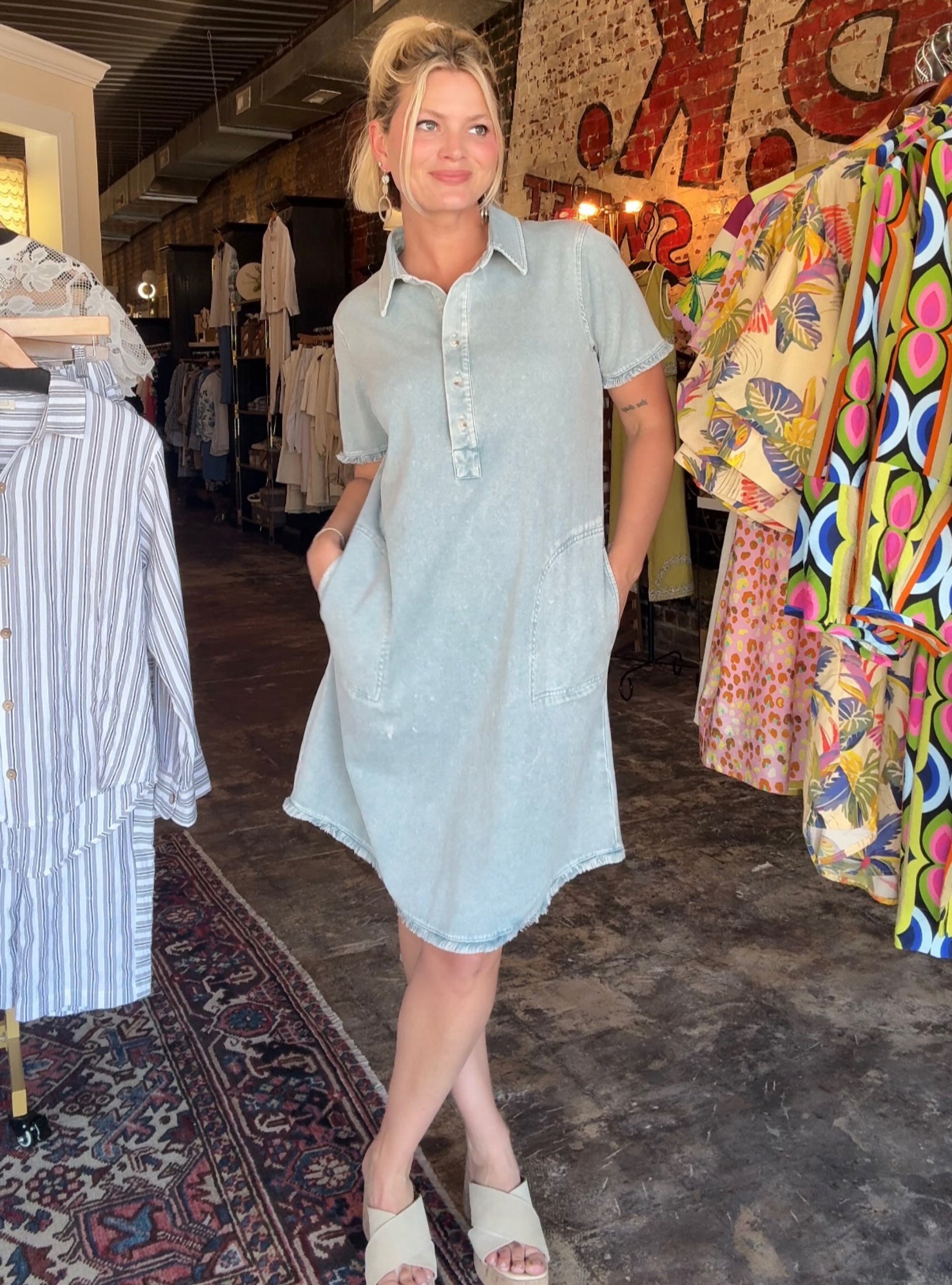 Renuar Frayed Edge Chambray Dress