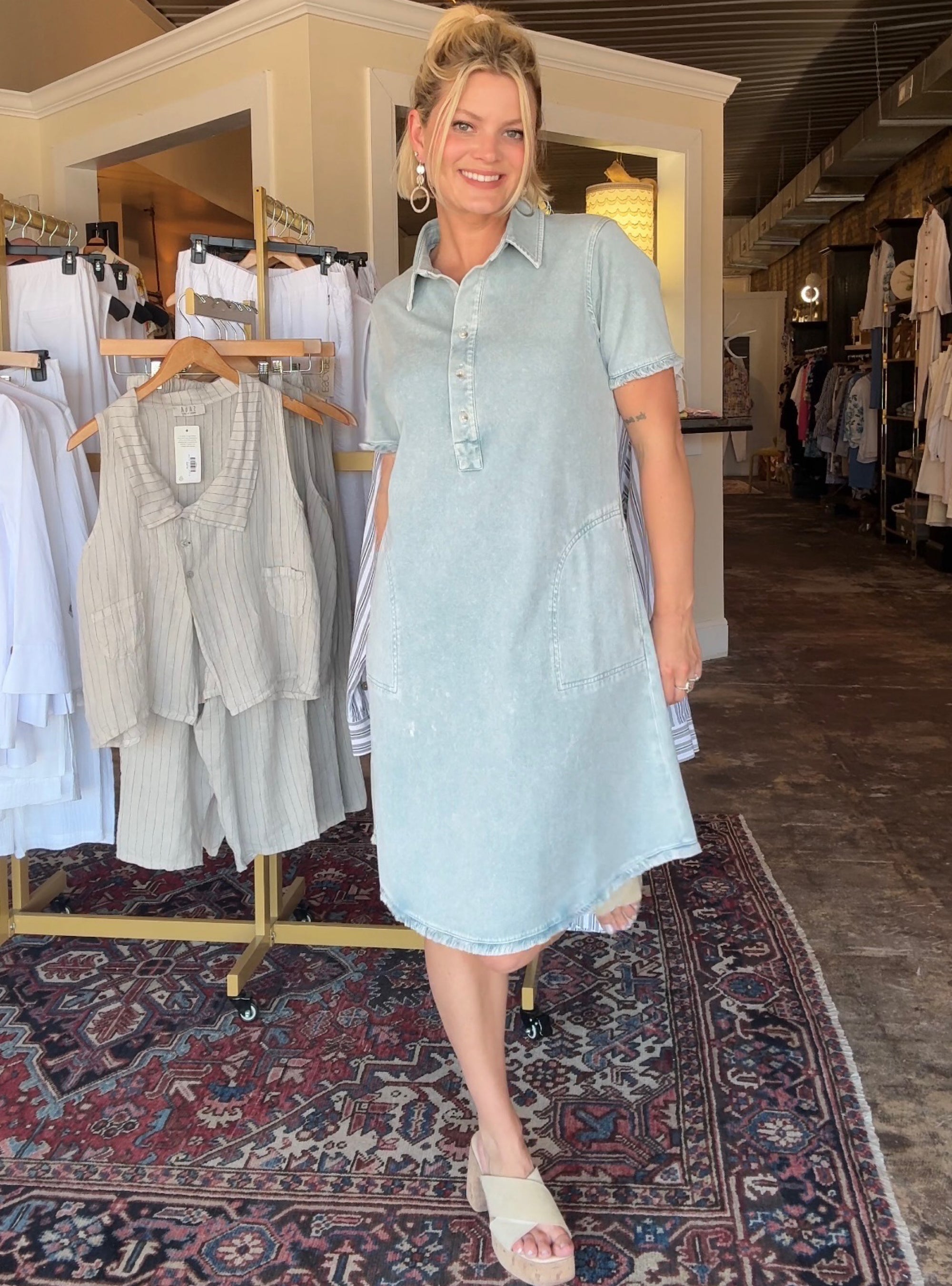 Renuar Frayed Edge Chambray Dress