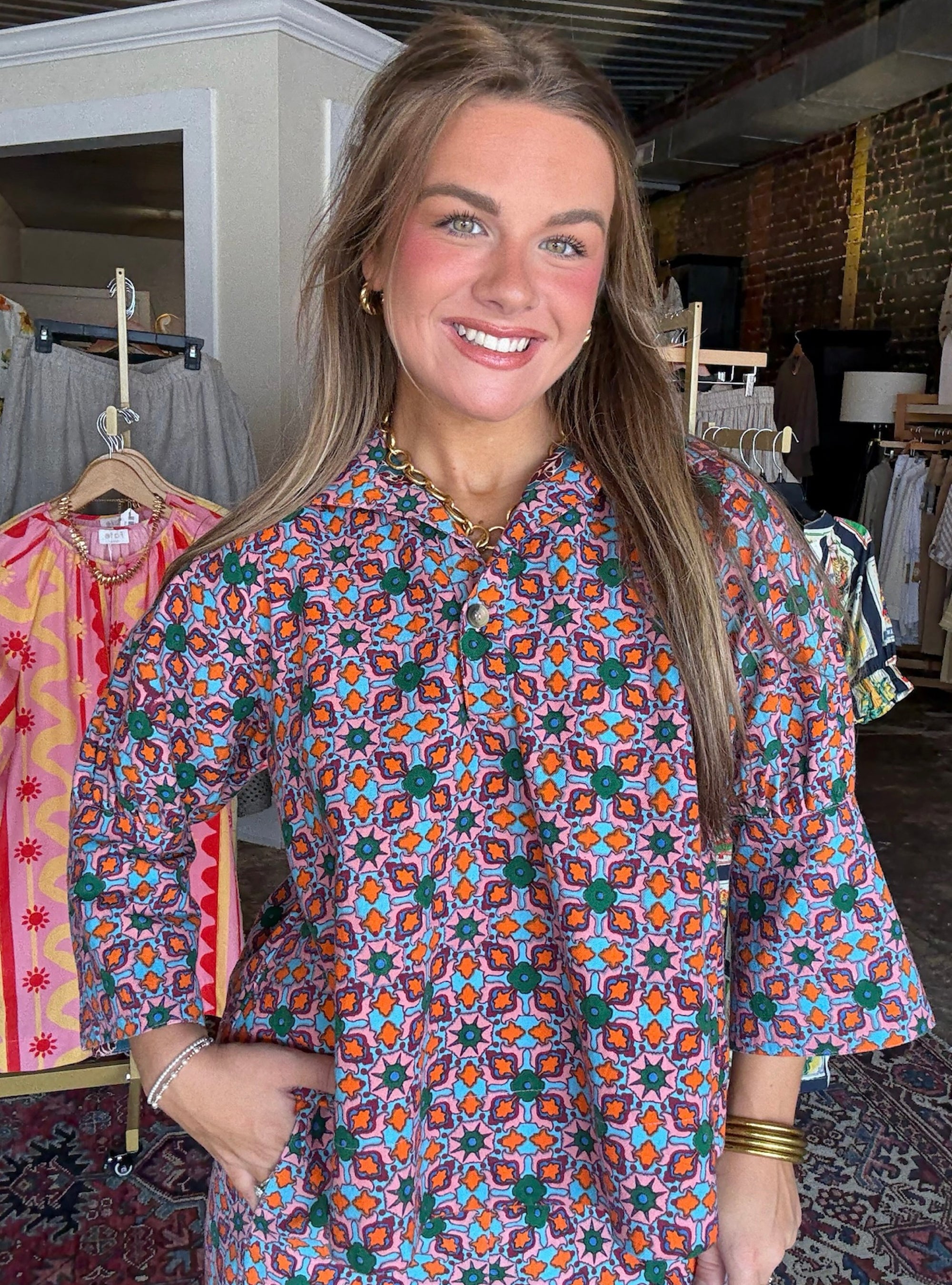 Ivy Jane Popover Tile Printed Top