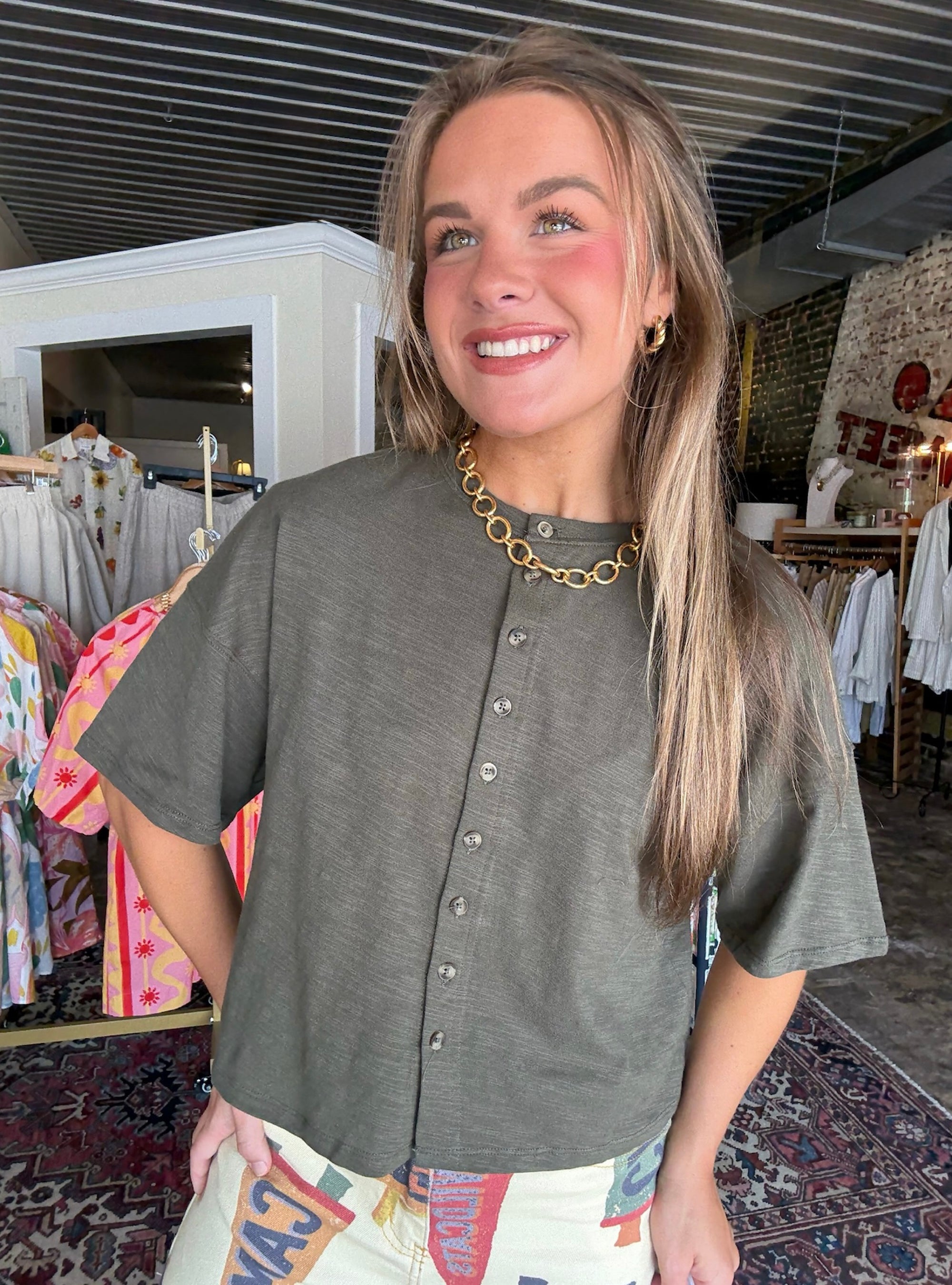 Soft Spoken Olive Henley Top