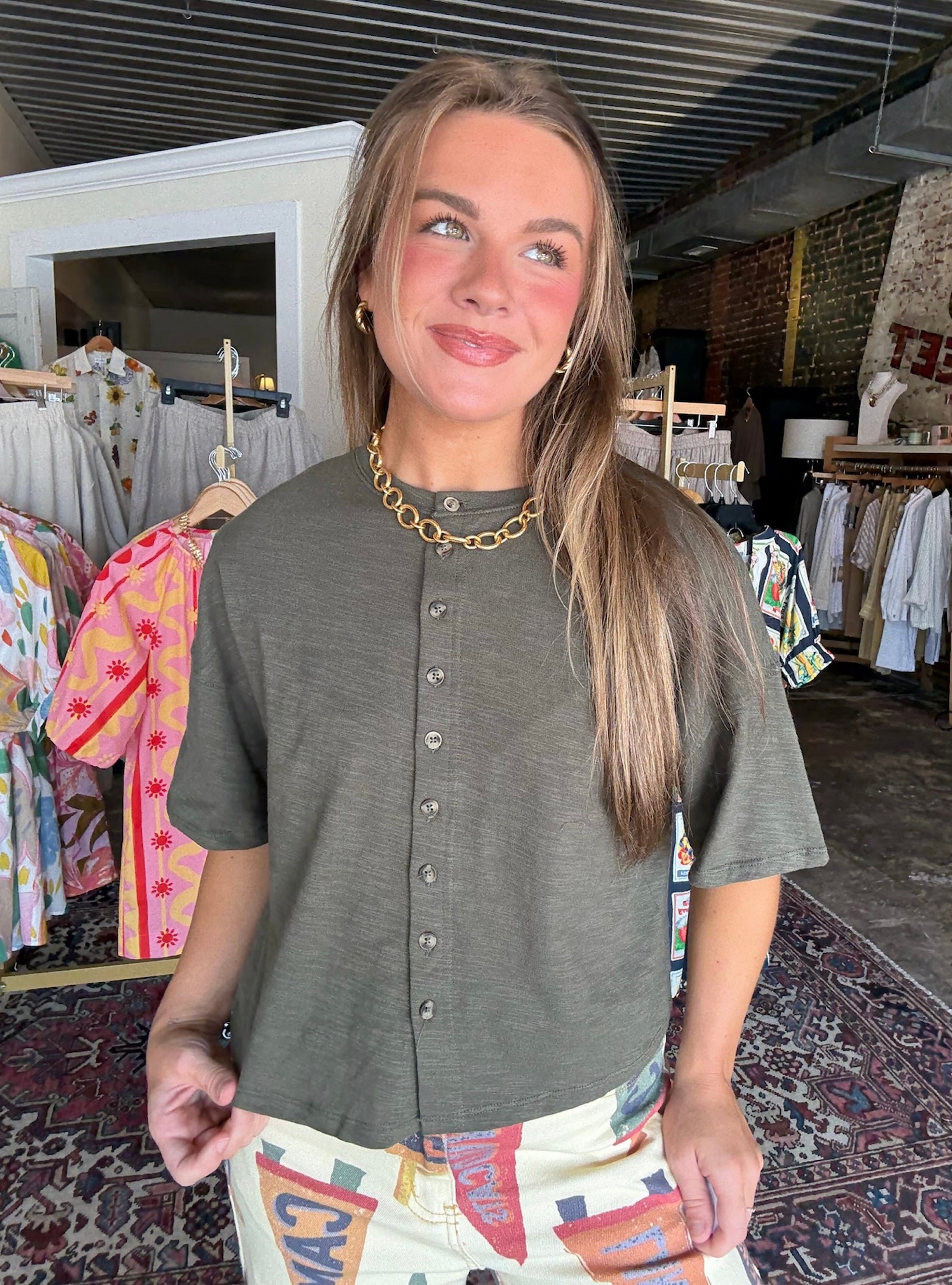 Soft Spoken Olive Henley Top