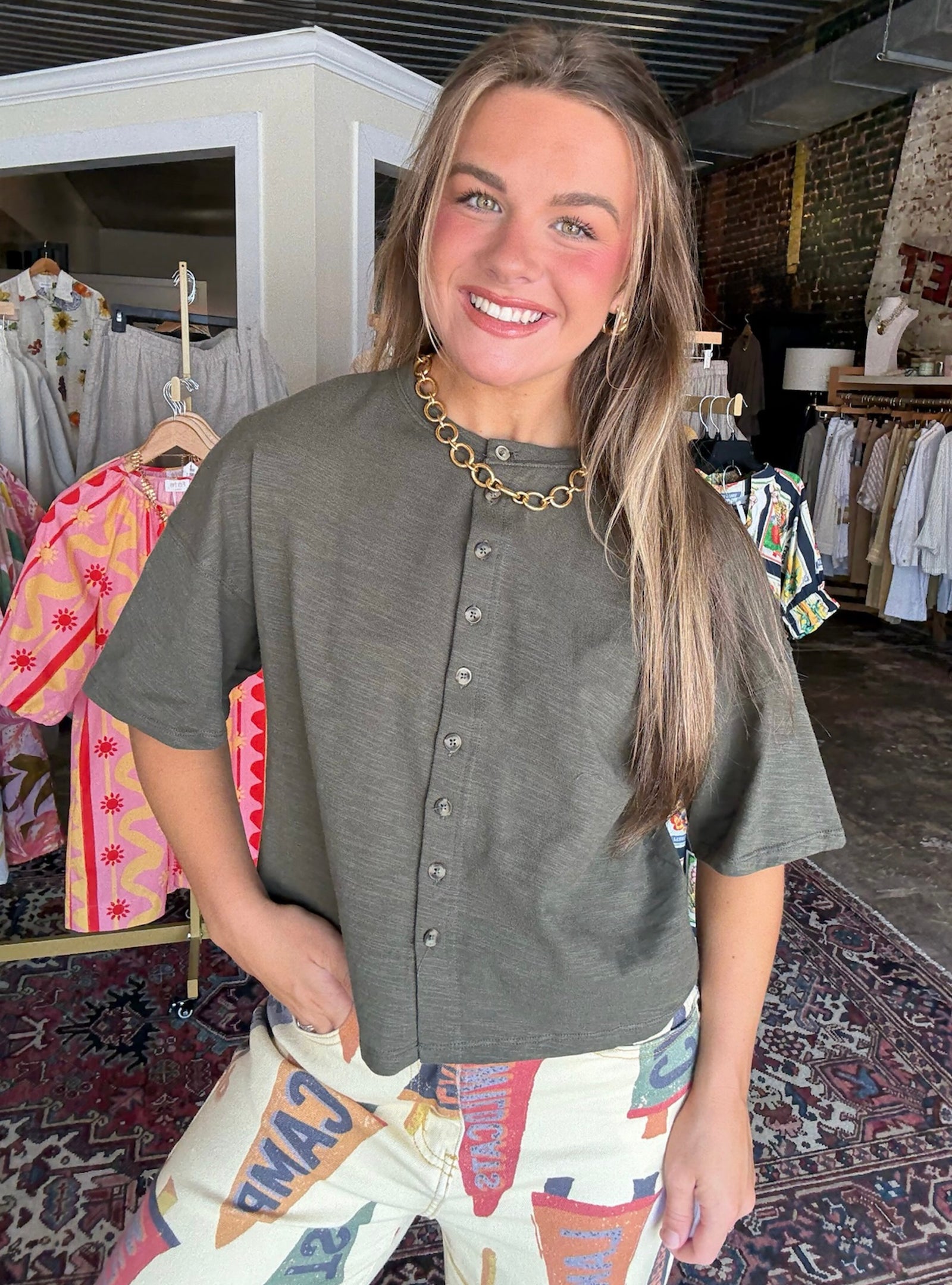 Soft Spoken Olive Henley Top