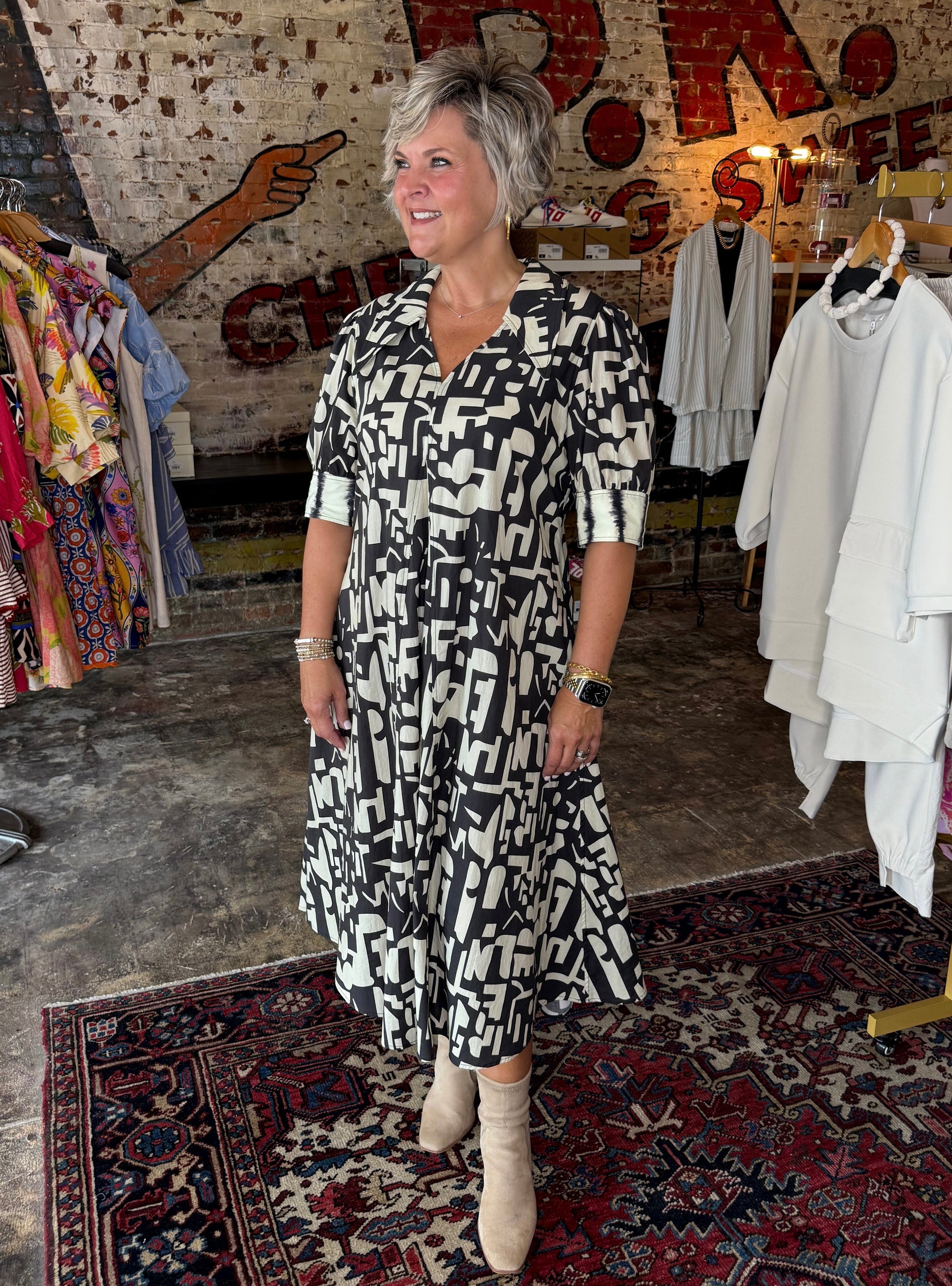Lior Amber Black &amp; Ecru Pointed Collar Dress