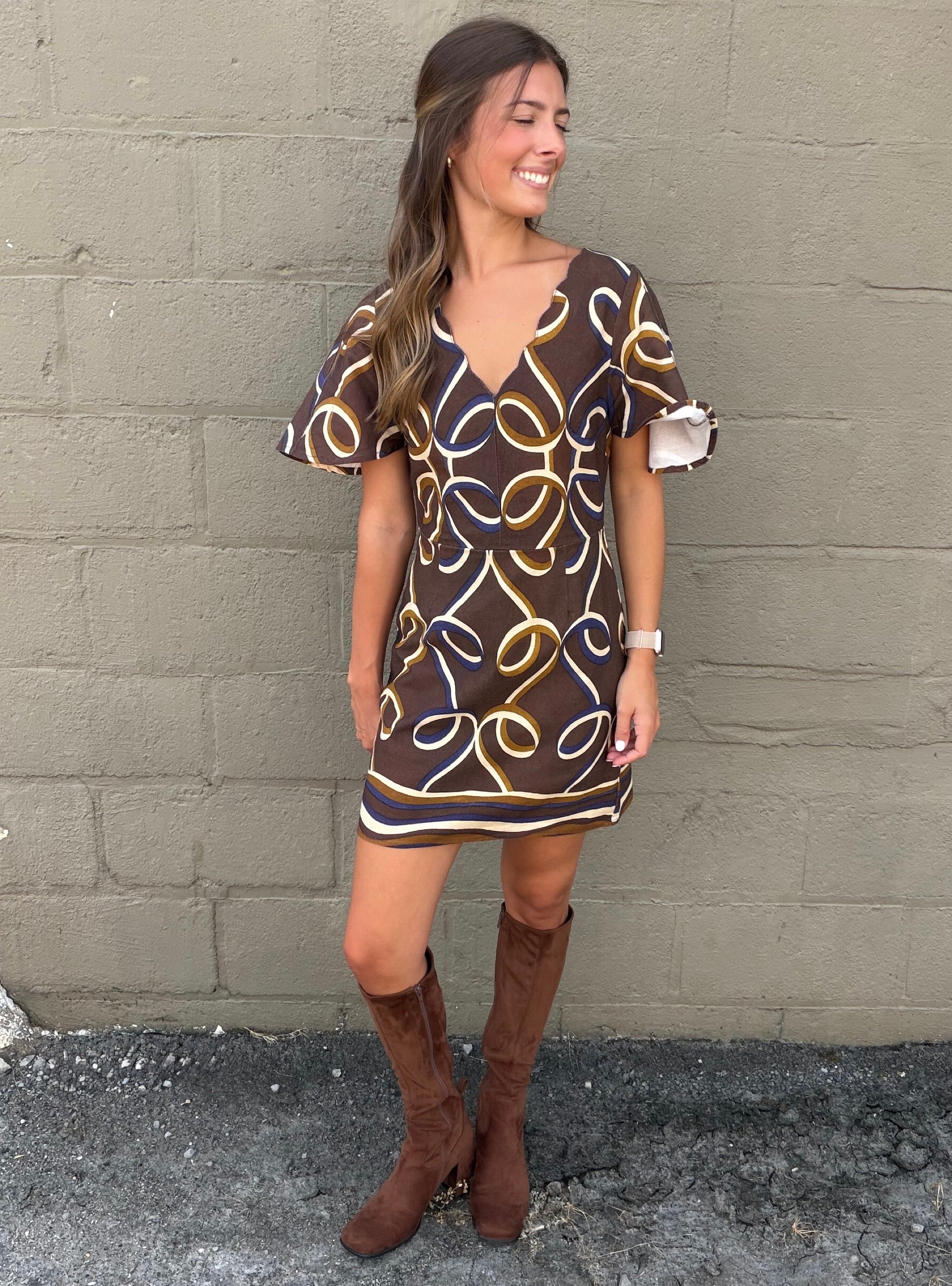 CIEBON Brown Multi Printed Ribbon Dress