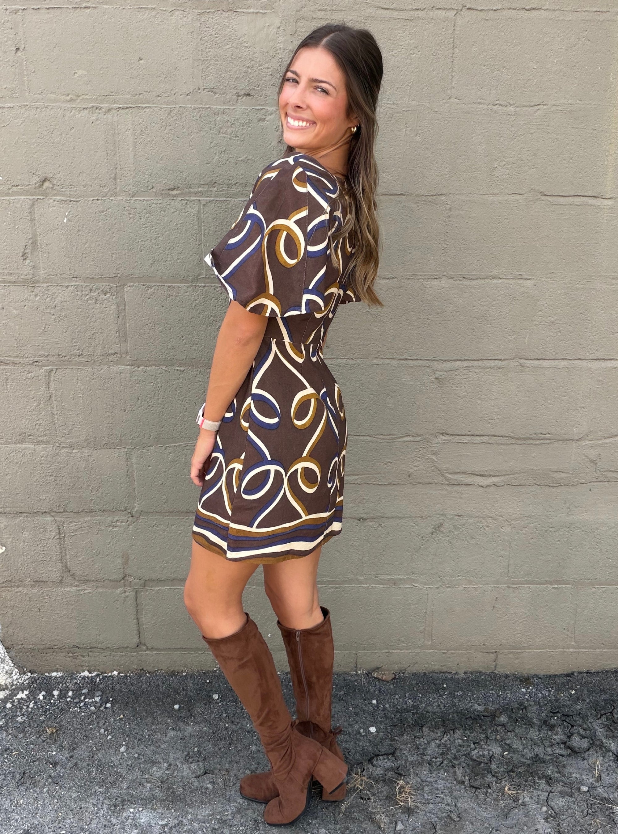 CIEBON Brown Multi Printed Ribbon Dress