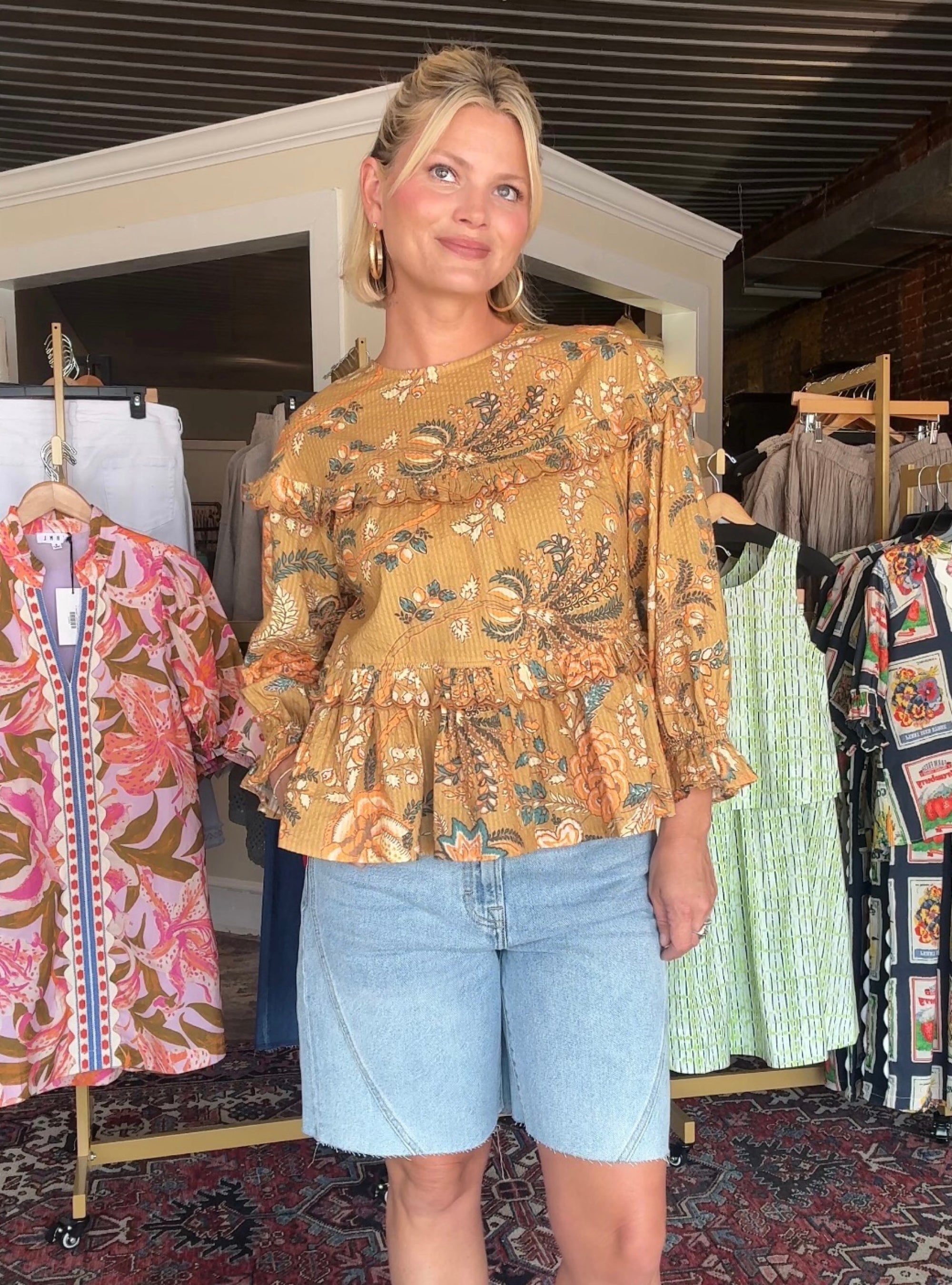 Ivy Jane Gold Tiered Scalloped Floral Top