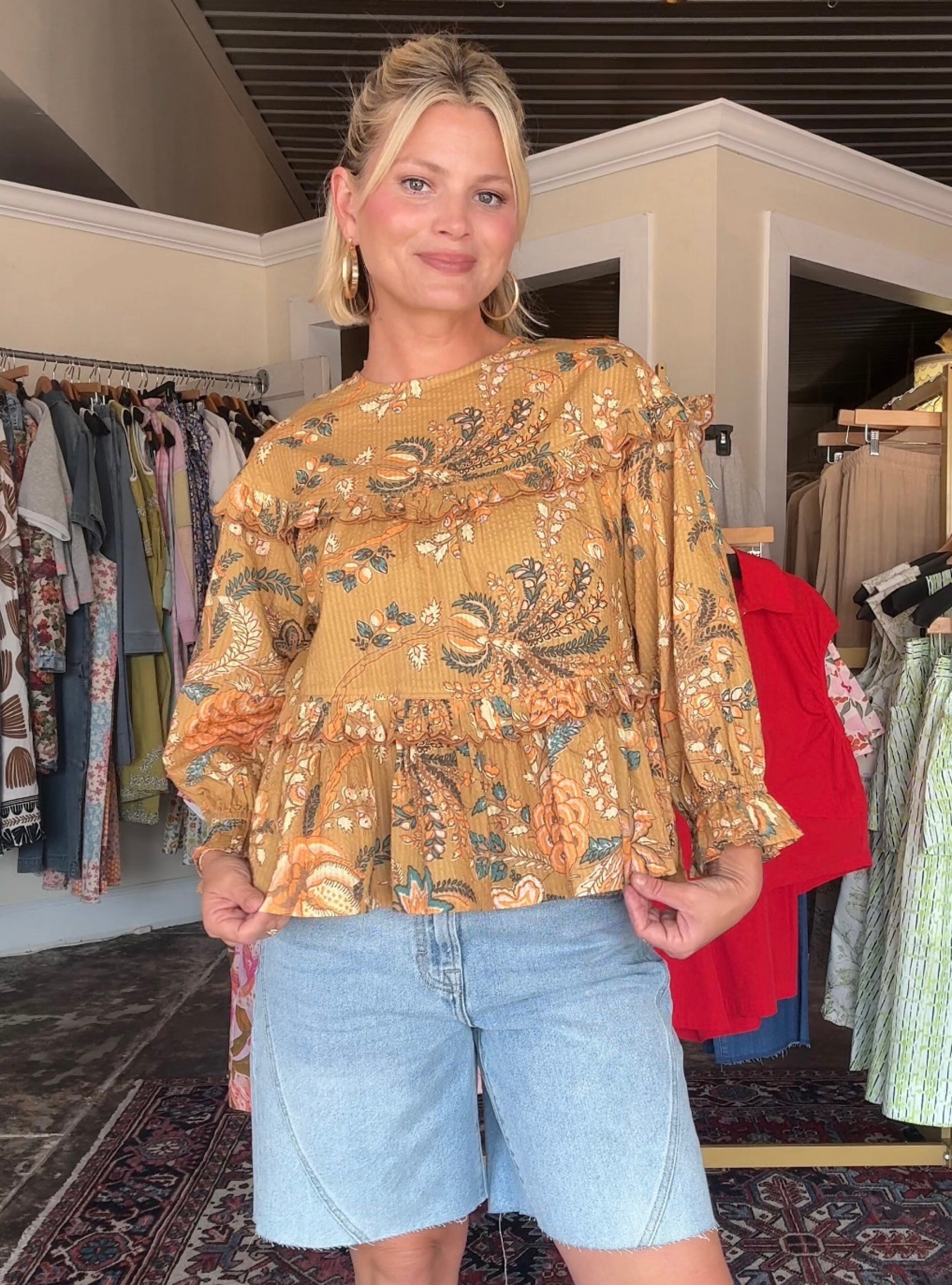 Ivy Jane Gold Tiered Scalloped Floral Top