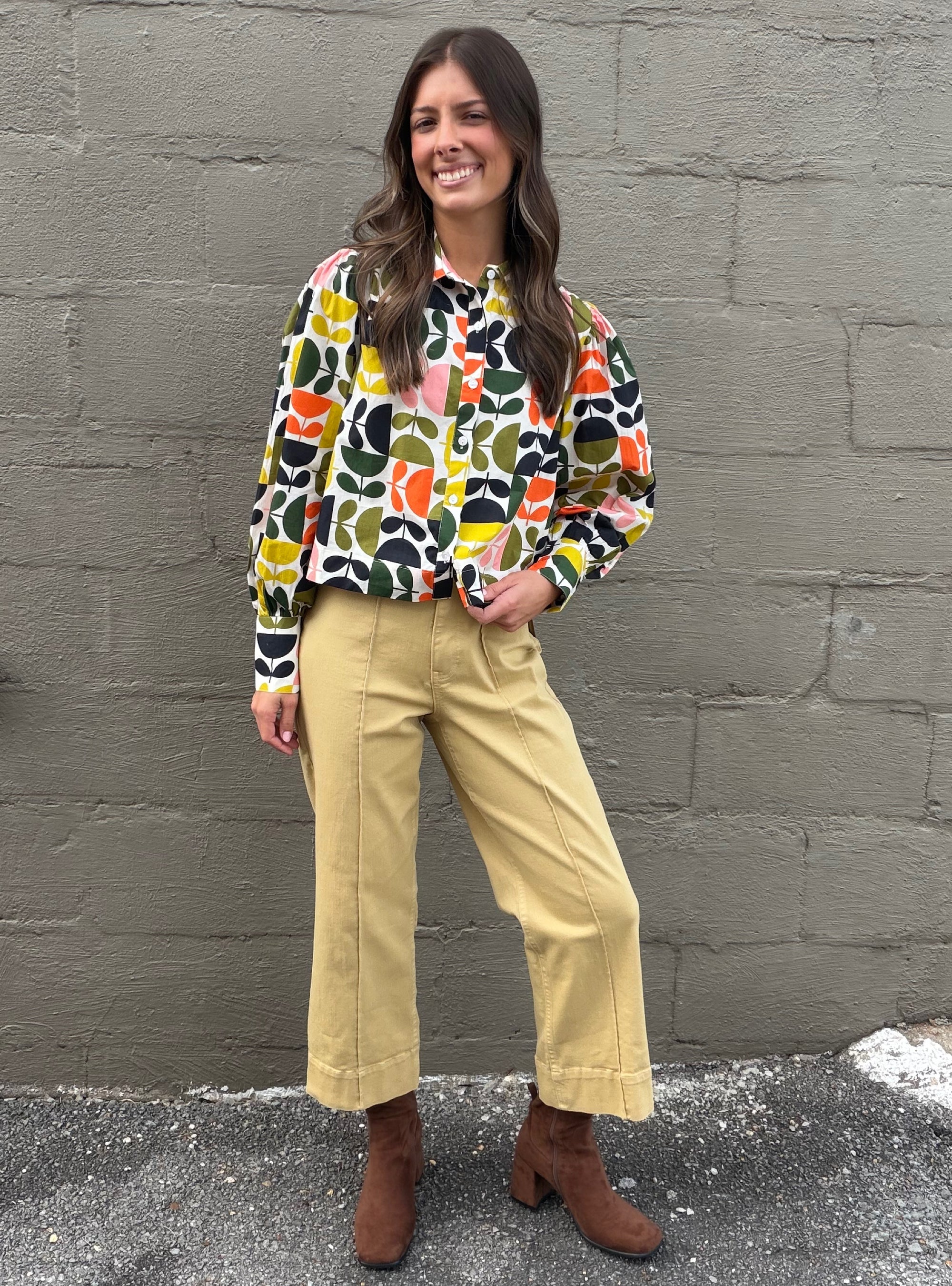APNY Citrus Floral Puff Sleeve Button-Up Top