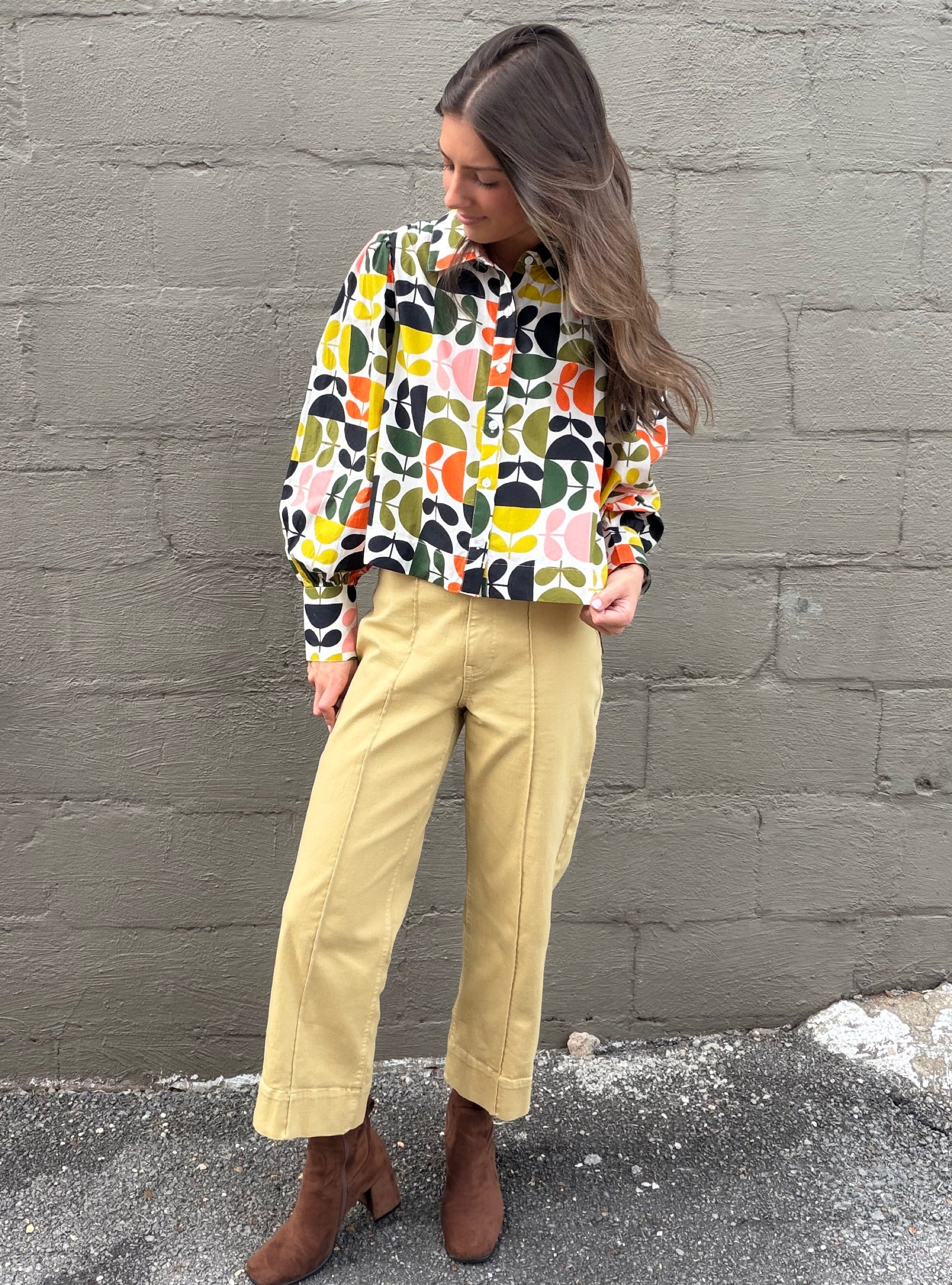 APNY Citrus Floral Puff Sleeve Button-Up Top