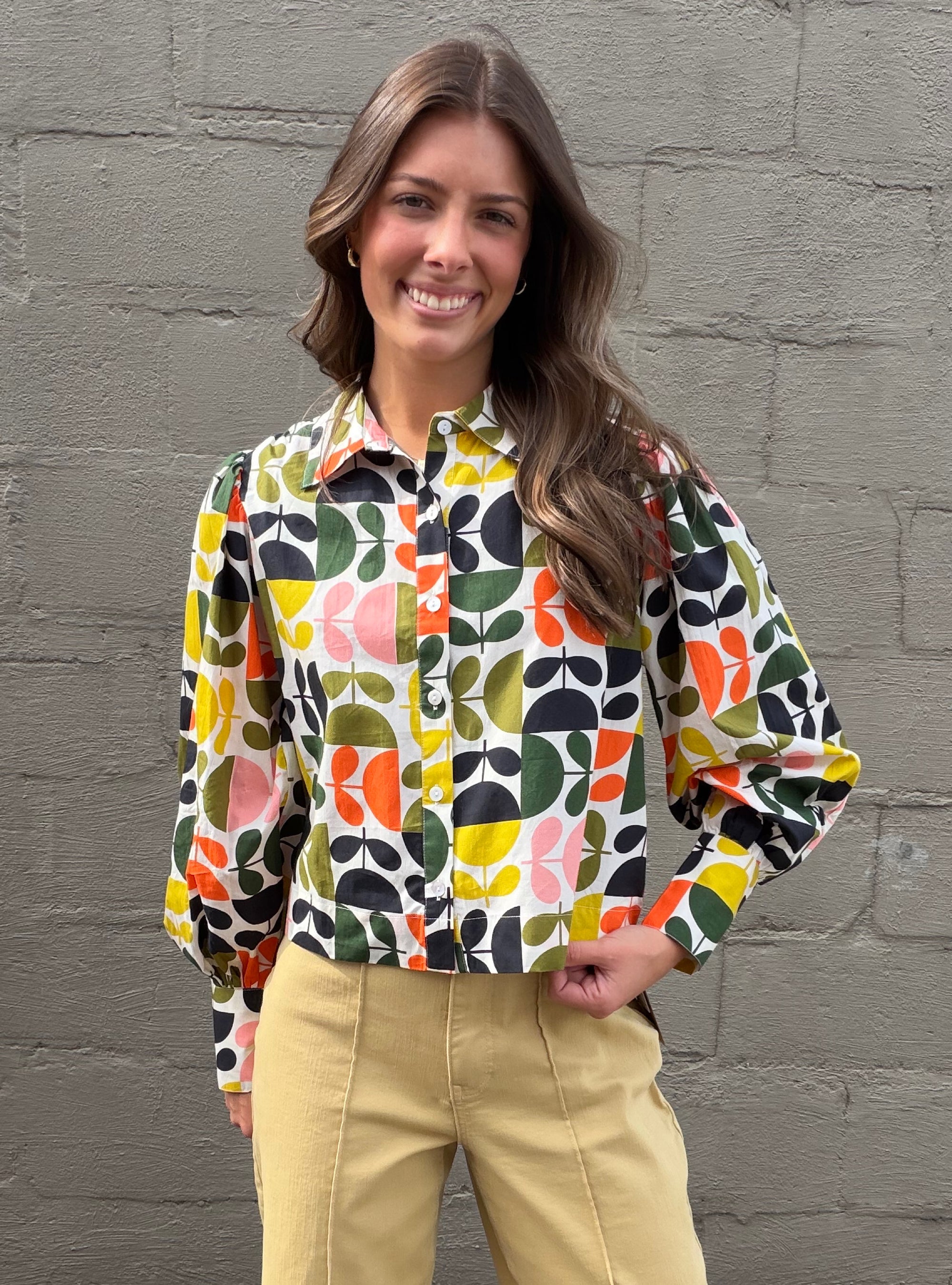 APNY Citrus Floral Puff Sleeve Button-Up Top