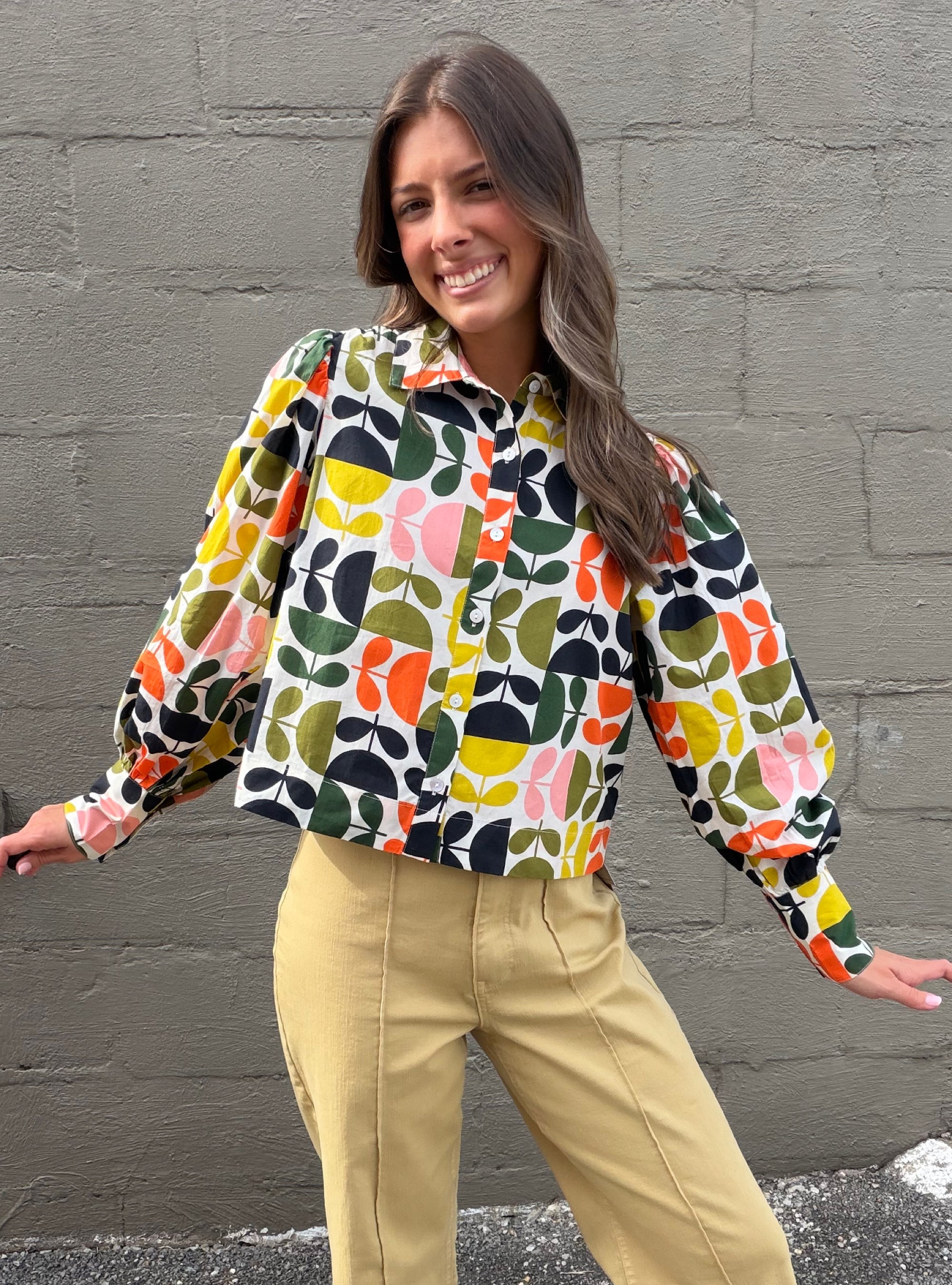APNY Citrus Floral Puff Sleeve Button-Up Top
