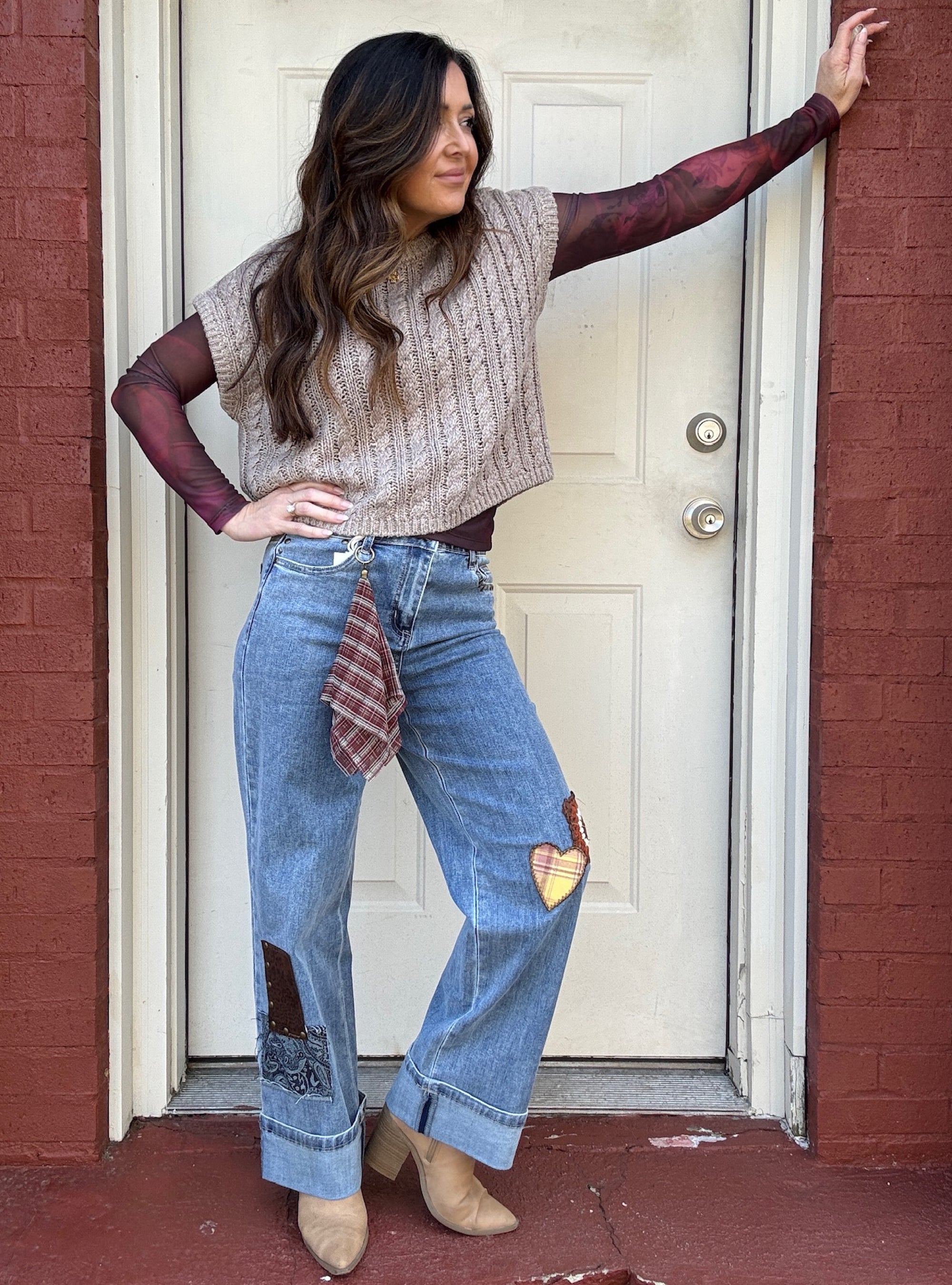 Charlie B Cuffed Patch &amp; Stud Straight Leg Jean