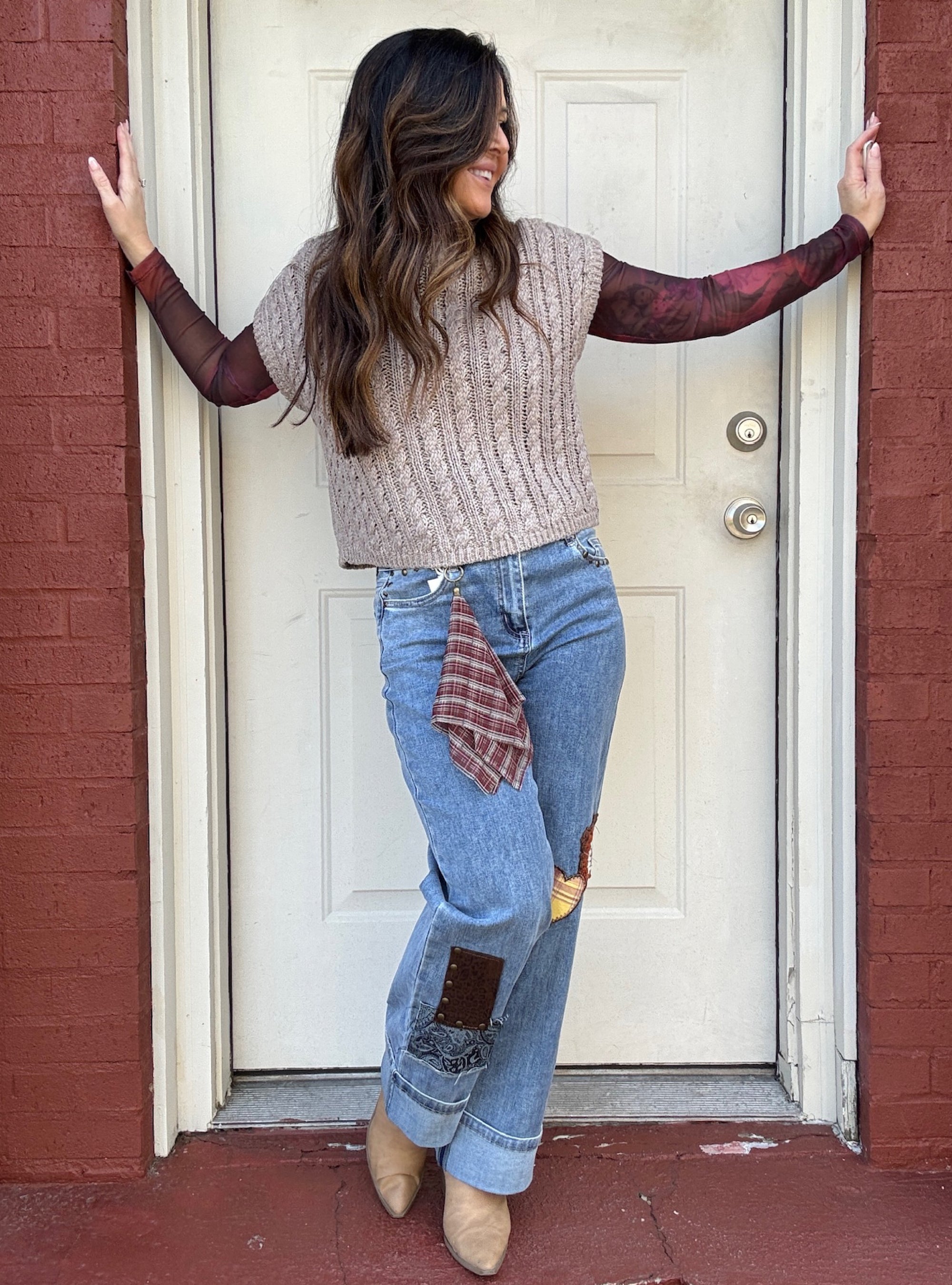 Charlie B Cuffed Patch &amp; Stud Straight Leg Jean