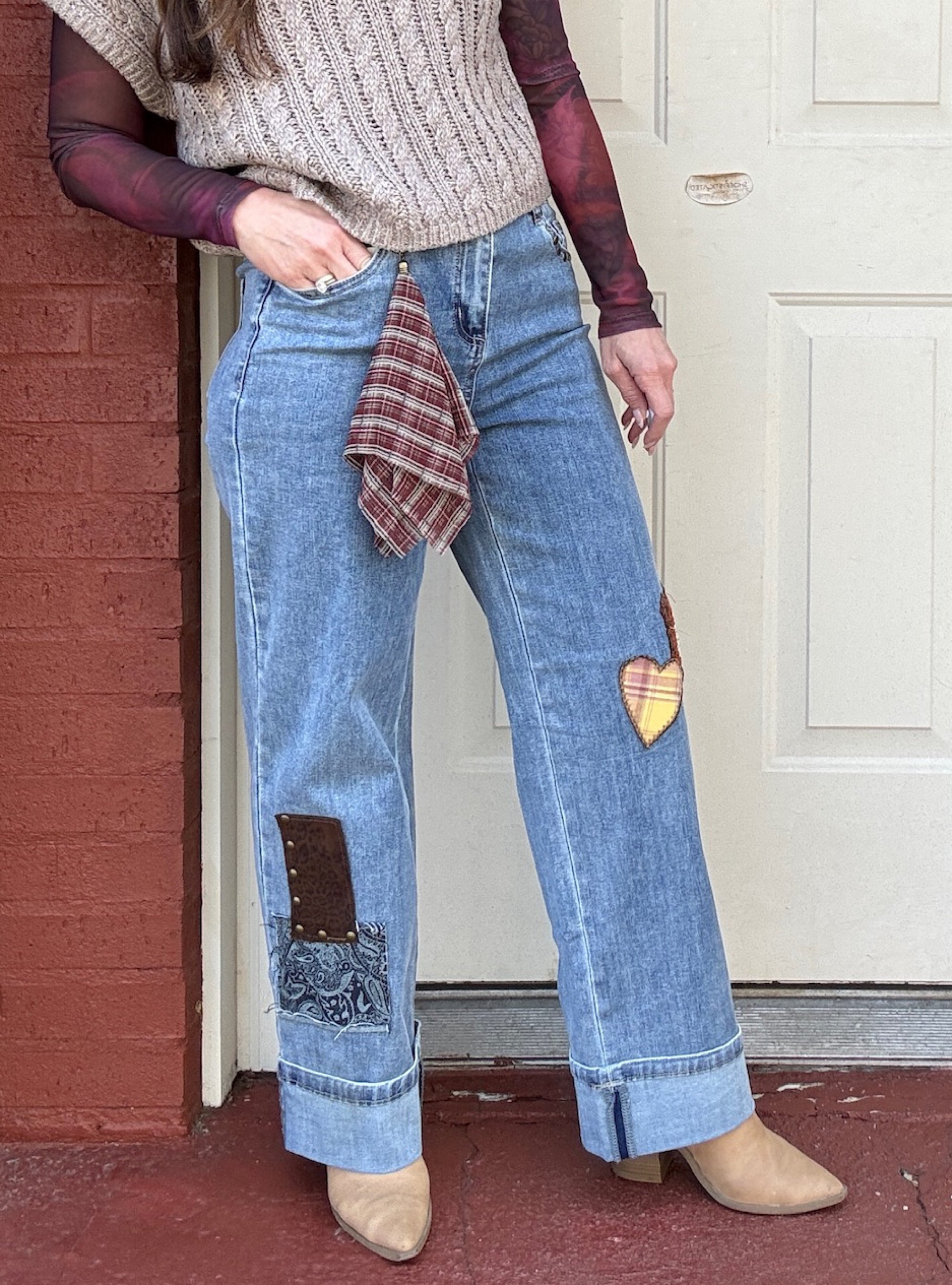 Charlie B Cuffed Patch &amp; Stud Straight Leg Jean
