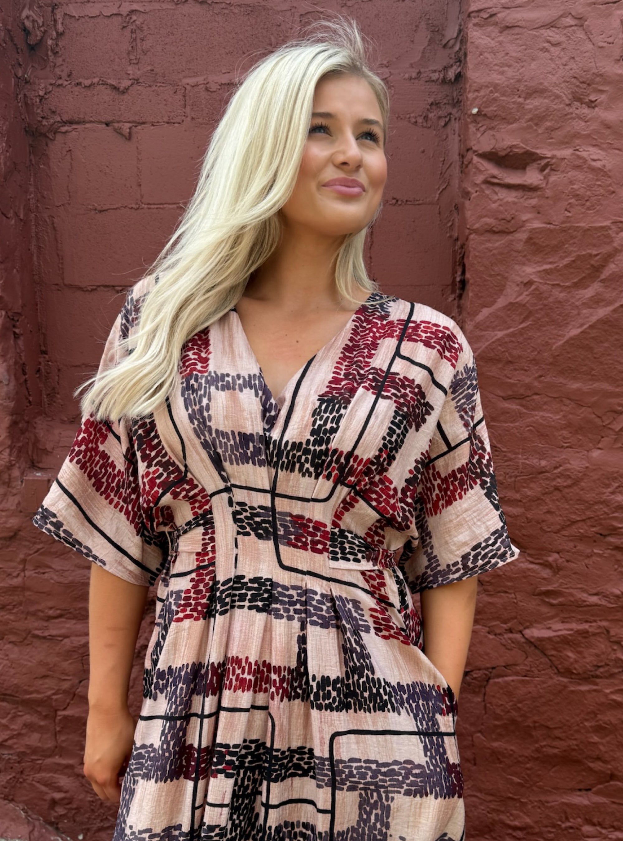CIEBON Tan Multi Printed V-Neck Maxi Dress
