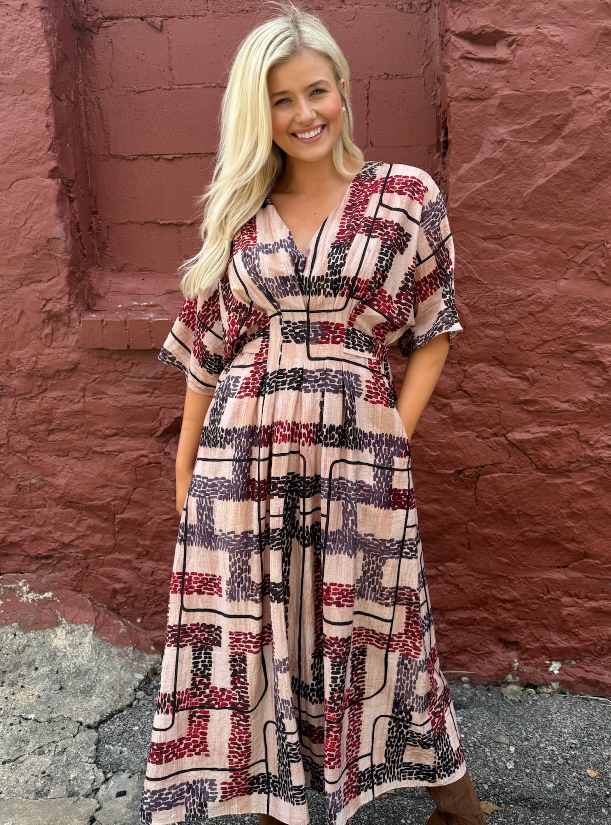 CIEBON Tan Multi Printed V-Neck Maxi Dress