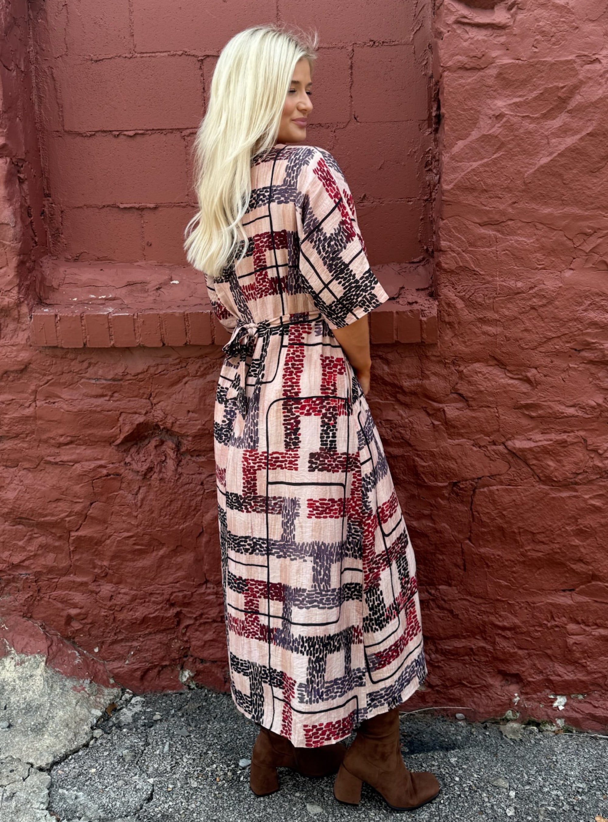 CIEBON Tan Multi Printed V-Neck Maxi Dress