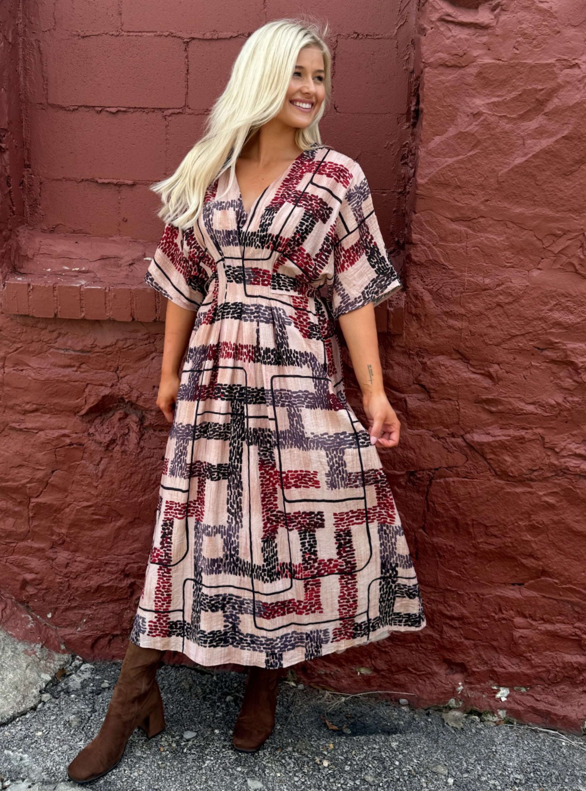 CIEBON Tan Multi Printed V-Neck Maxi Dress