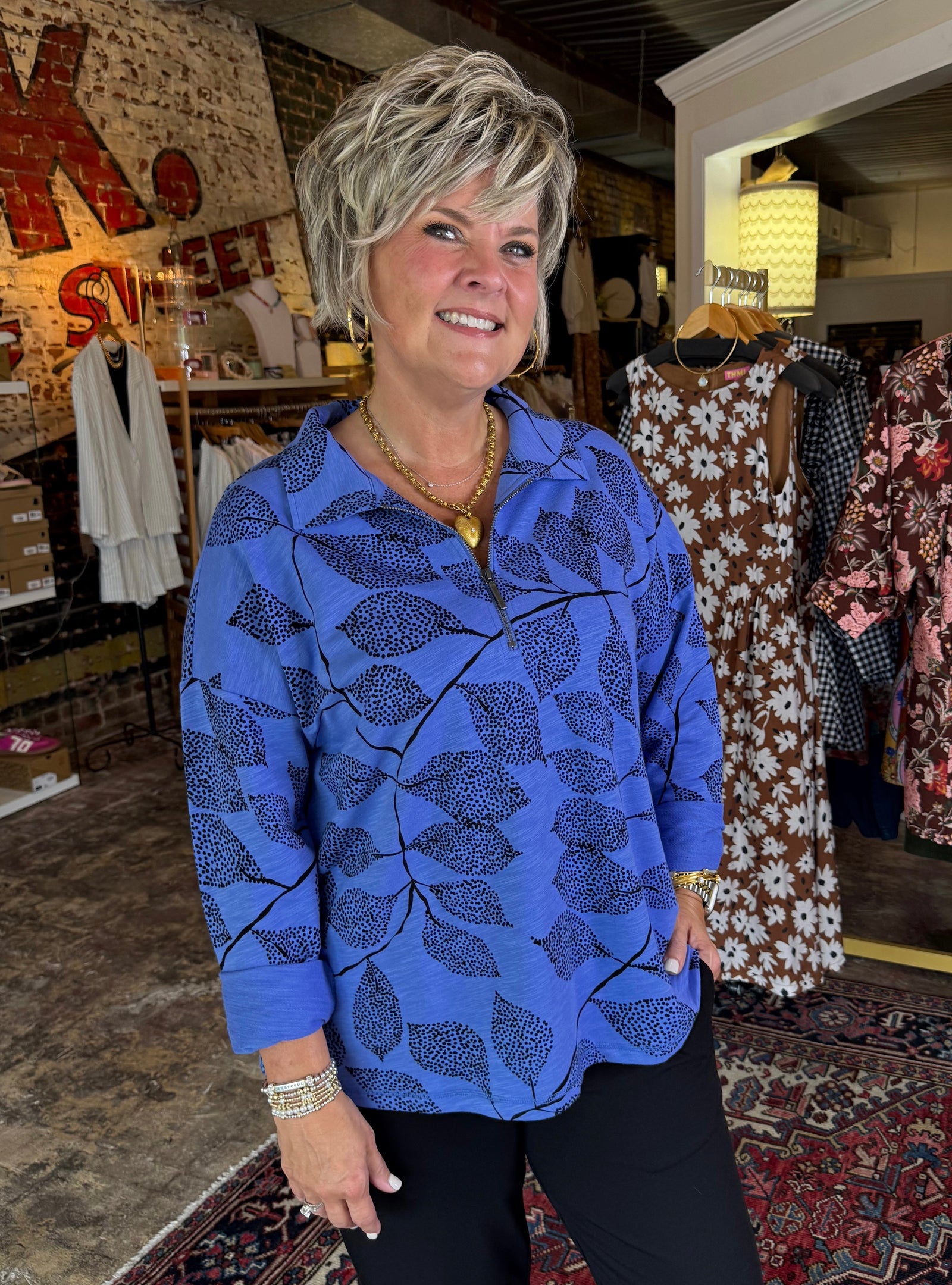 Escape By Habitat Blue Leaves Quarter Zip Top