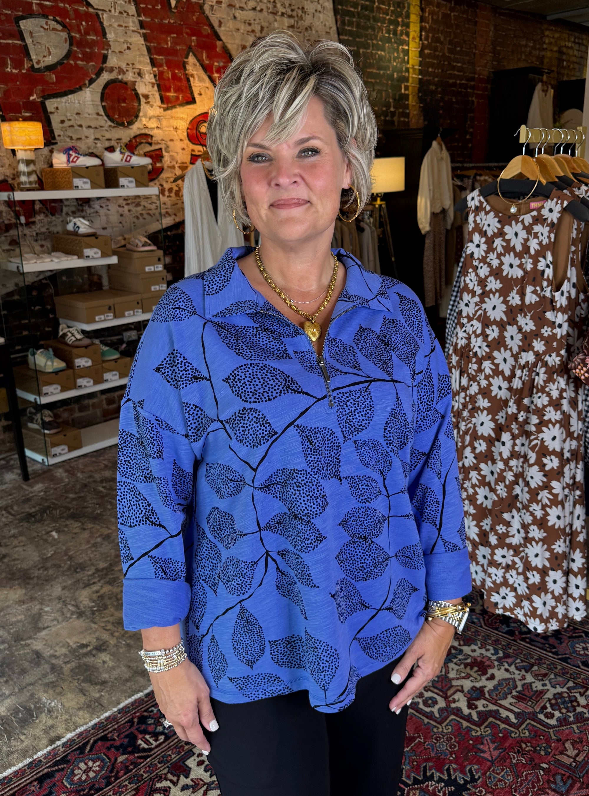 Escape By Habitat Blue Leaves Quarter Zip Top