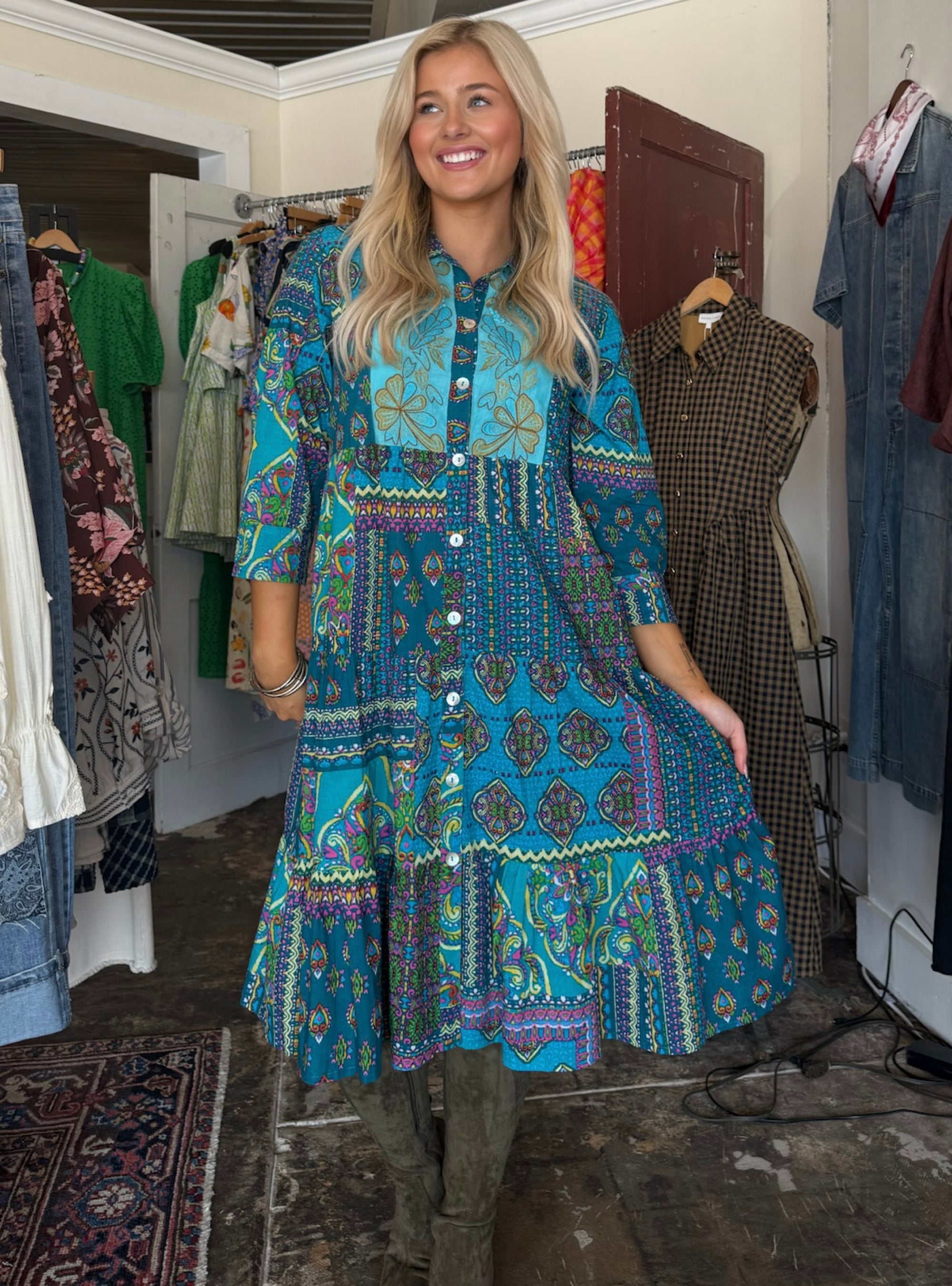 Parsley &amp; Sage Whitney Teal Embroidered Dress