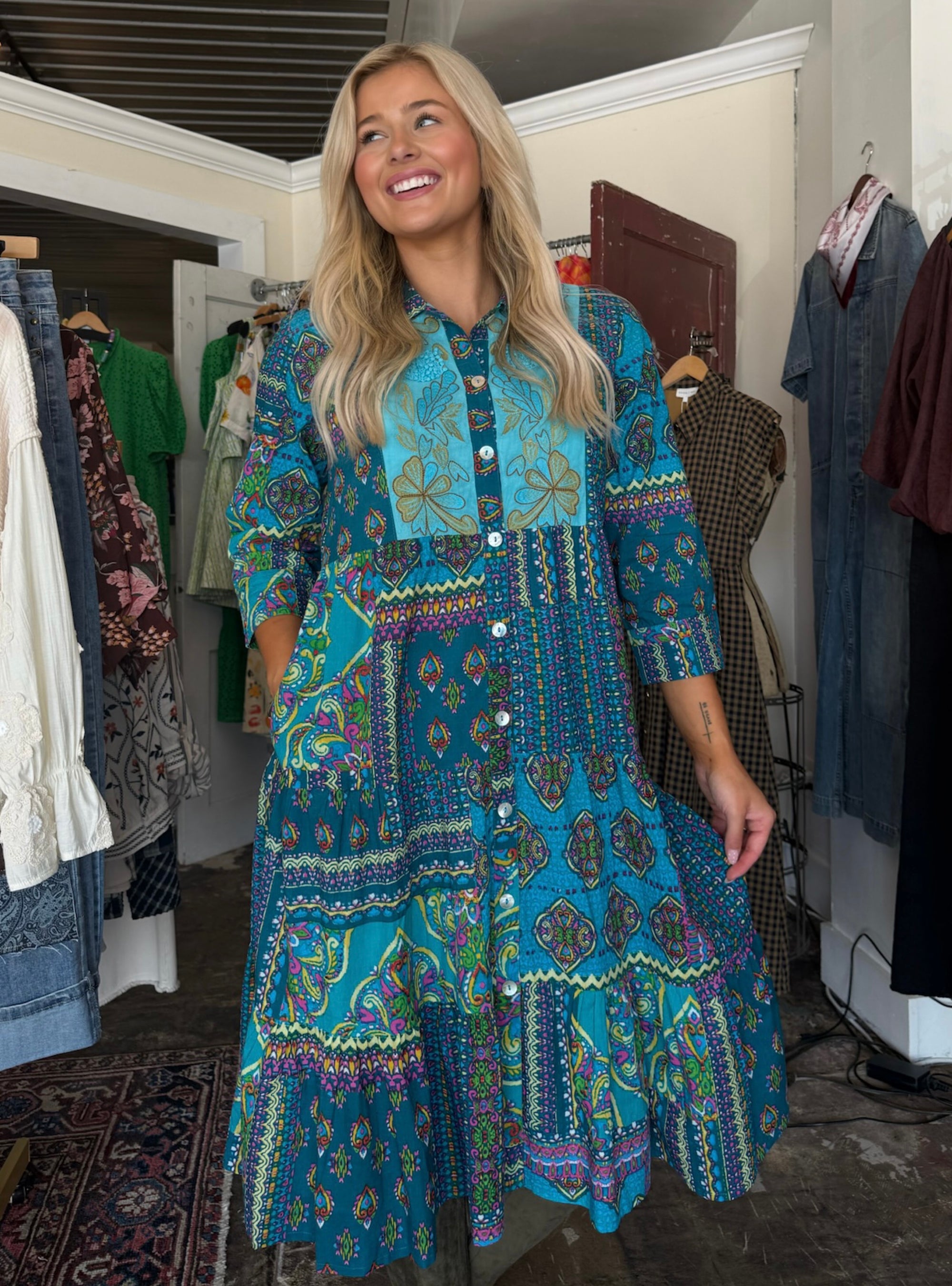 Parsley &amp; Sage Whitney Teal Embroidered Dress