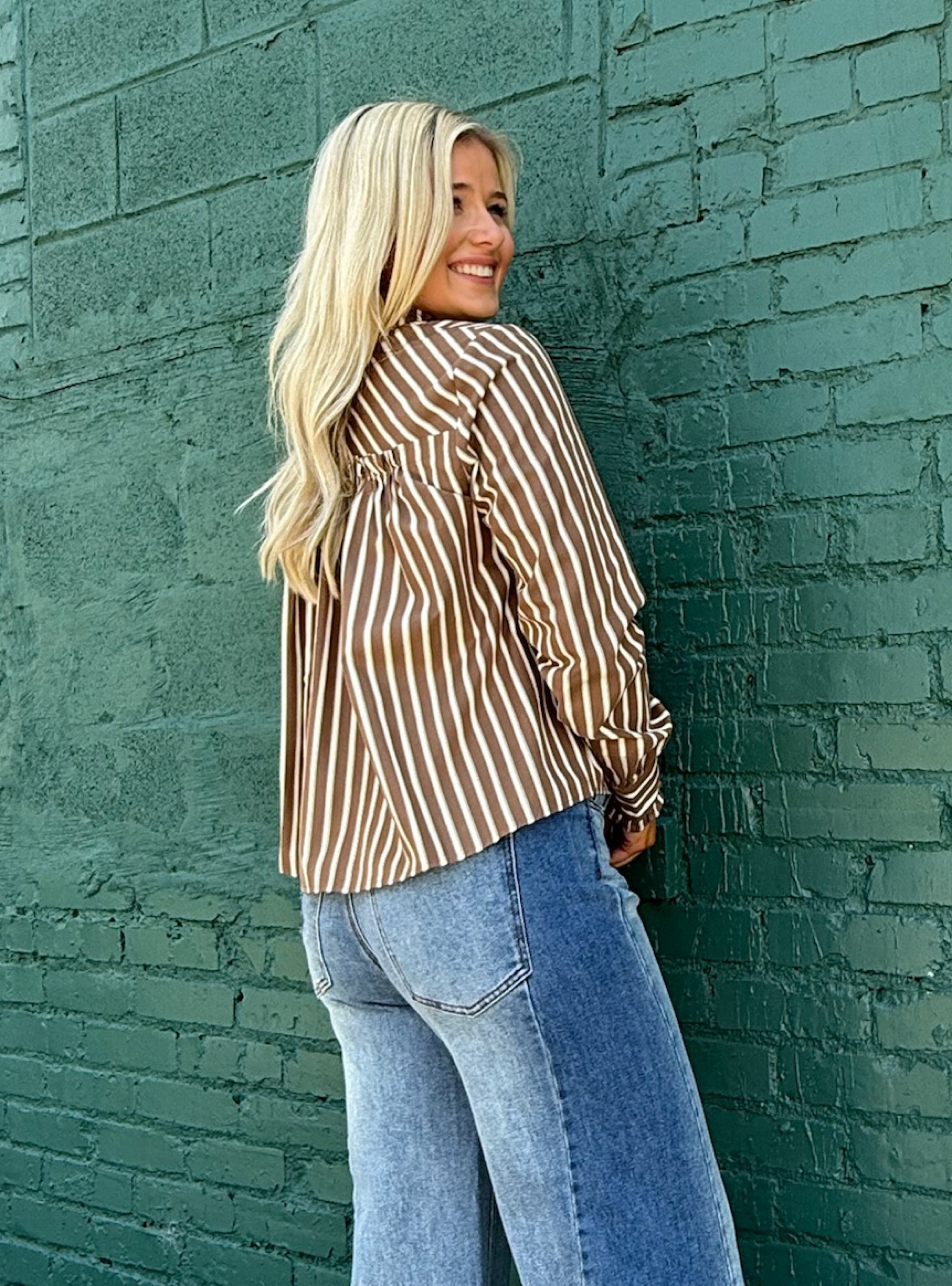APNY Mocha Cream Striped Button-Up Top