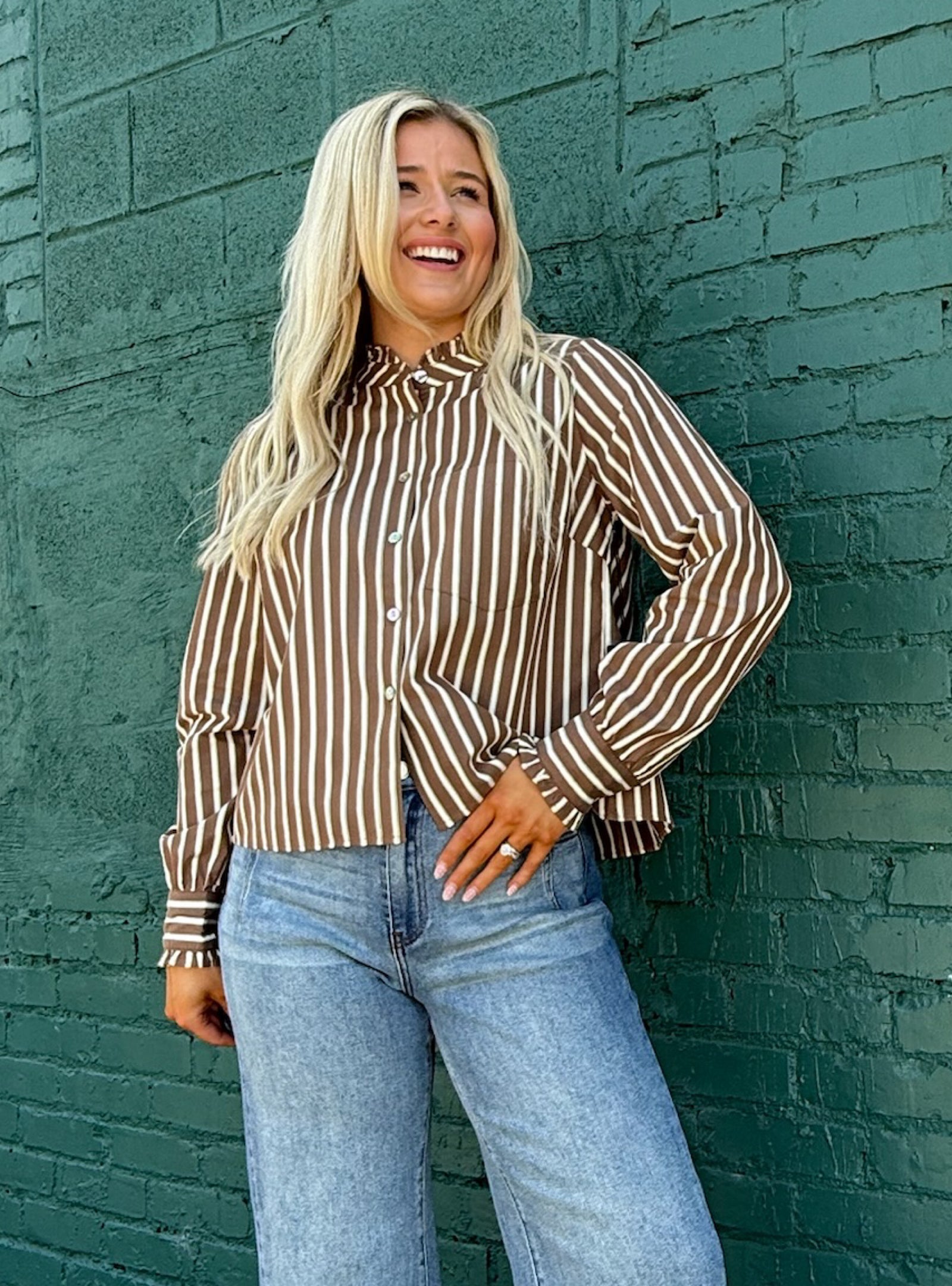 APNY Mocha Cream Striped Button-Up Top