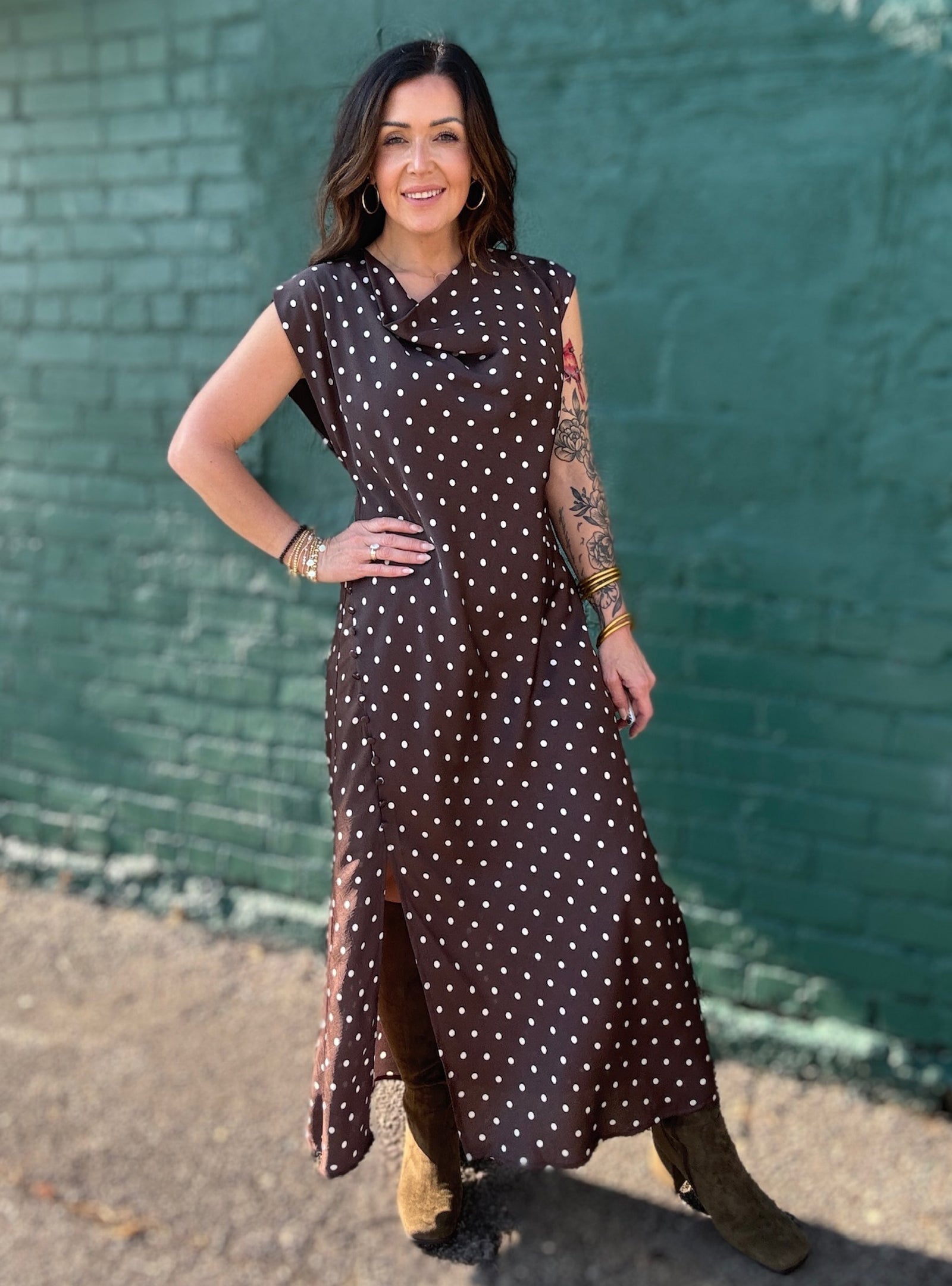 Dotted & Darling Cowl Neck Slit Dress