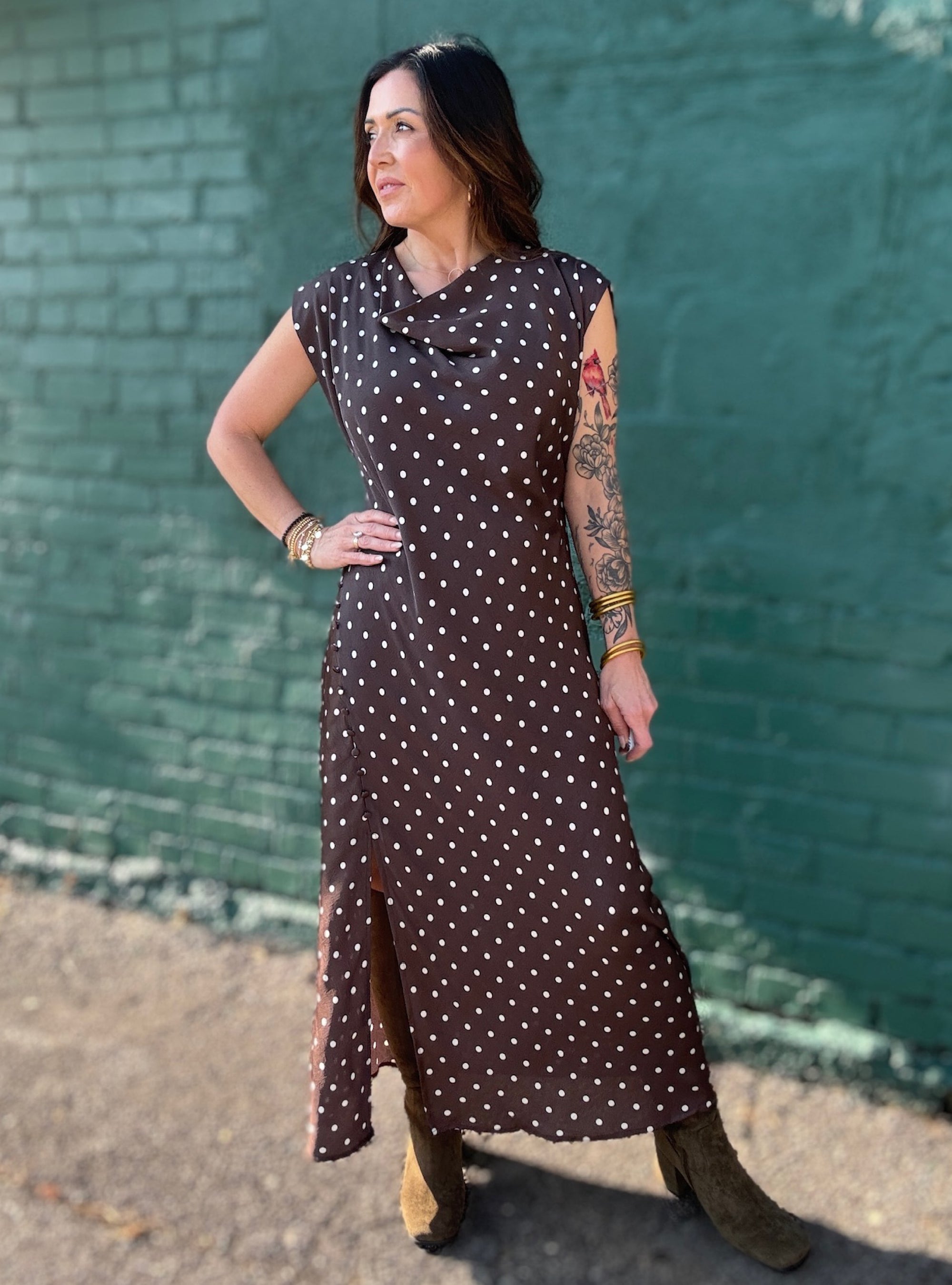 Dotted &amp; Darling Cowl Neck Slit Dress