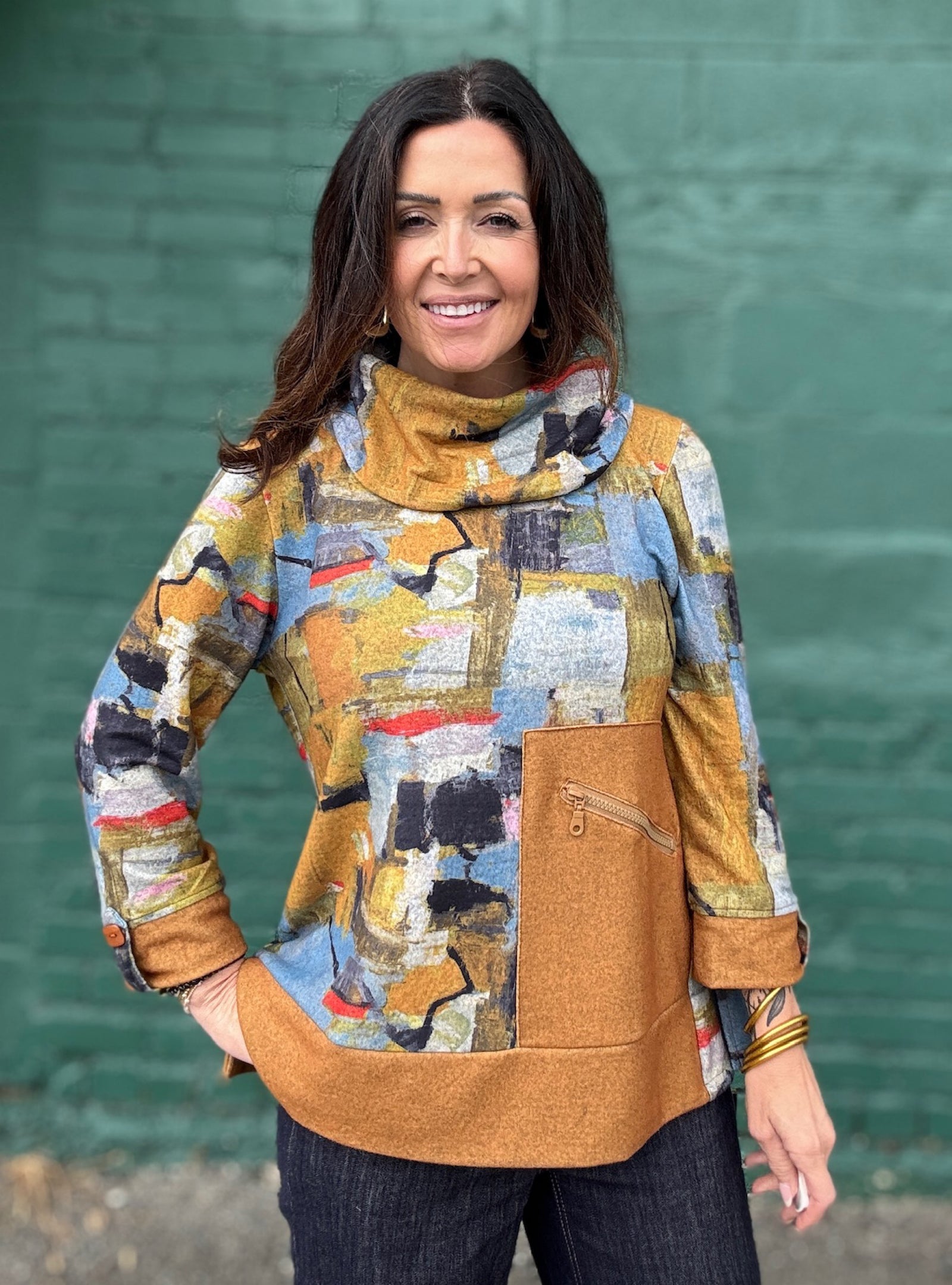 Shana Apparel Mixed Media Fleece Zip Top