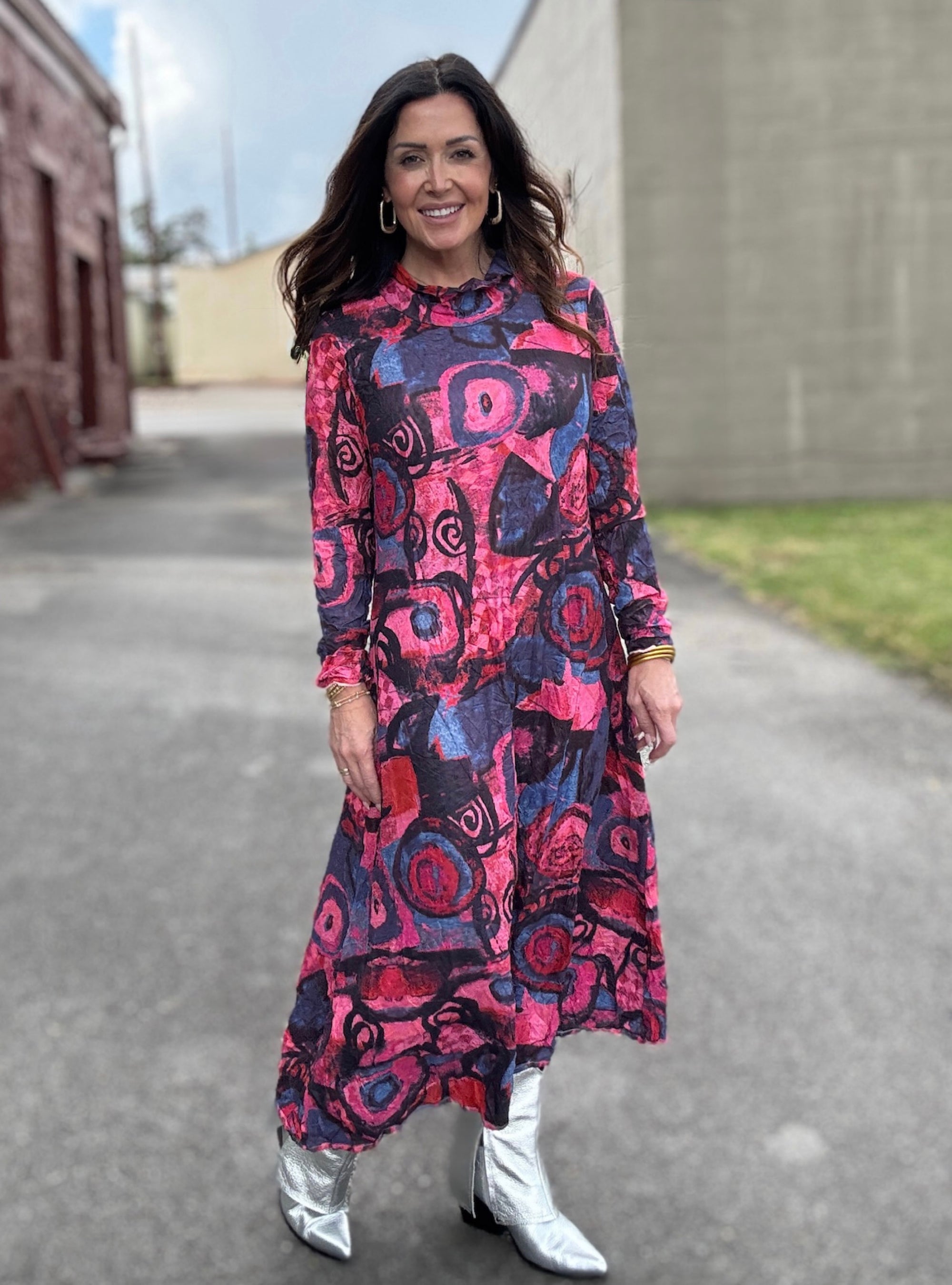 Shana Apparel Mesh Floral Crinkle Midi Dress