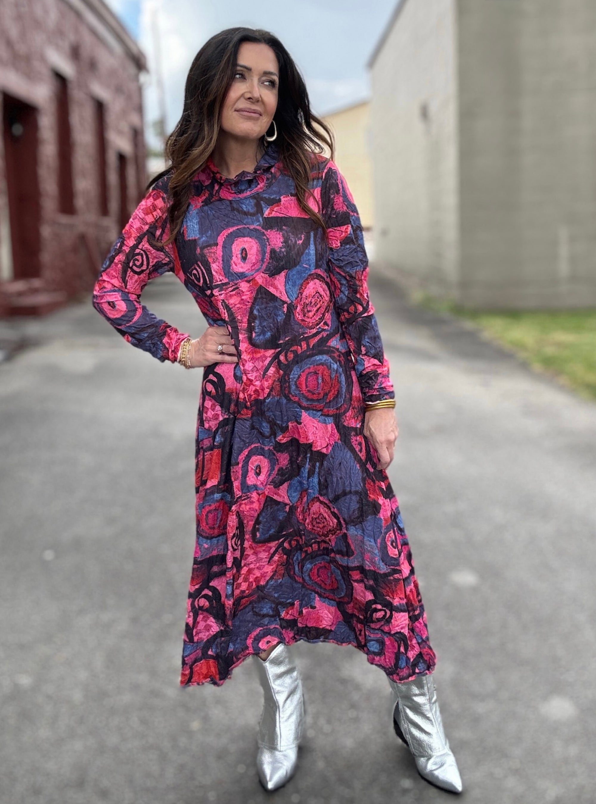 Shana Apparel Mesh Floral Crinkle Midi Dress