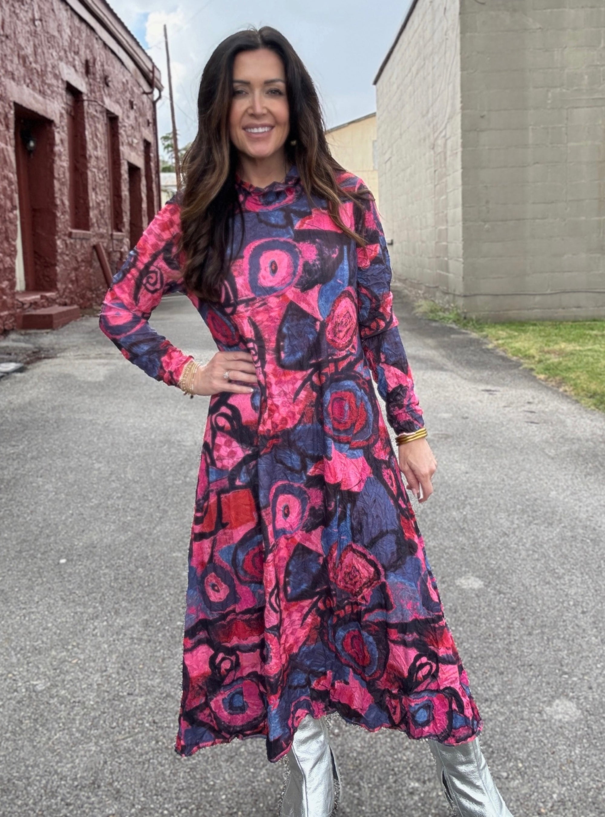 Shana Apparel Mesh Floral Crinkle Midi Dress