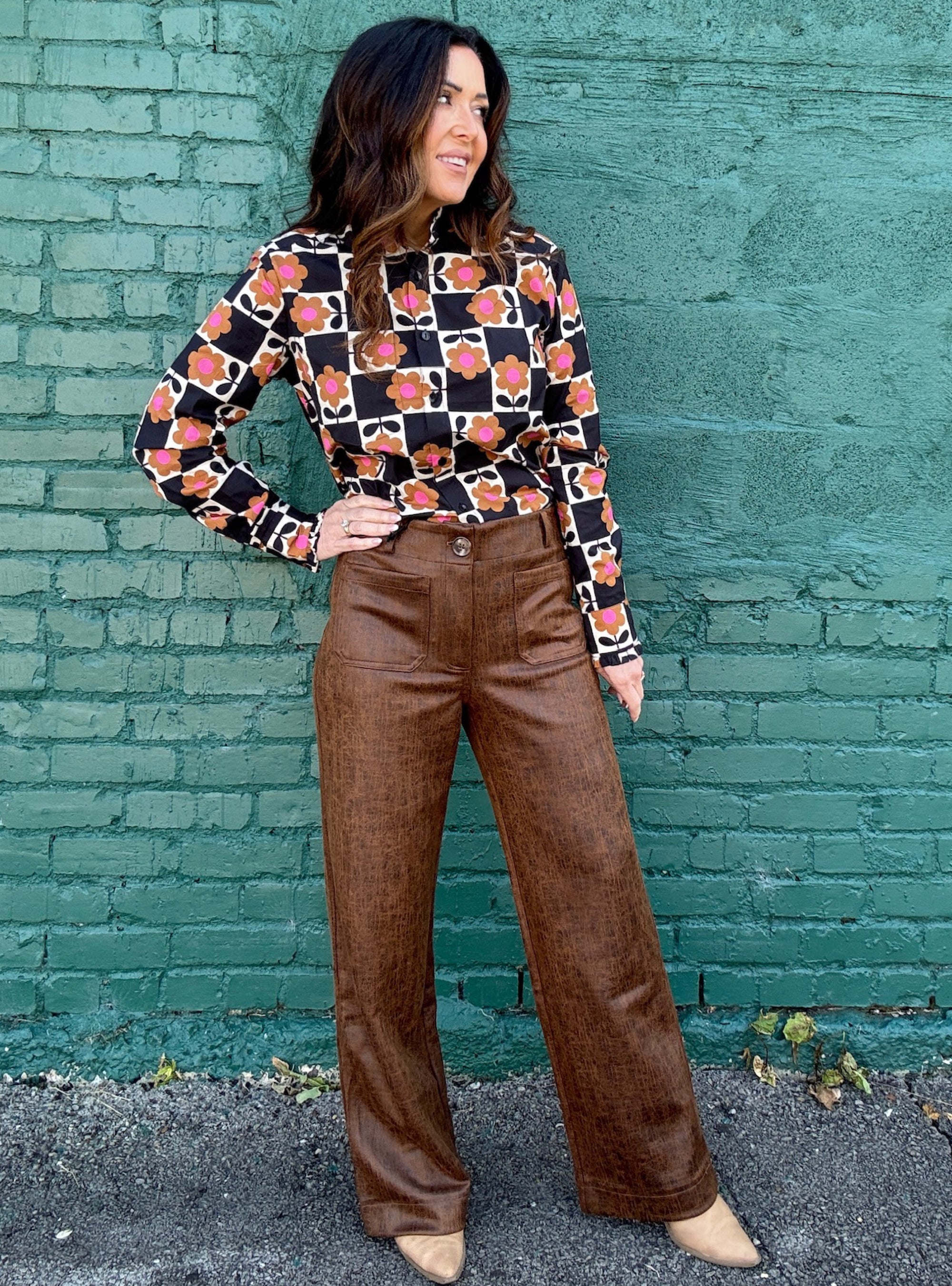 APNY Cognac Faux Leather Wide Leg Pant