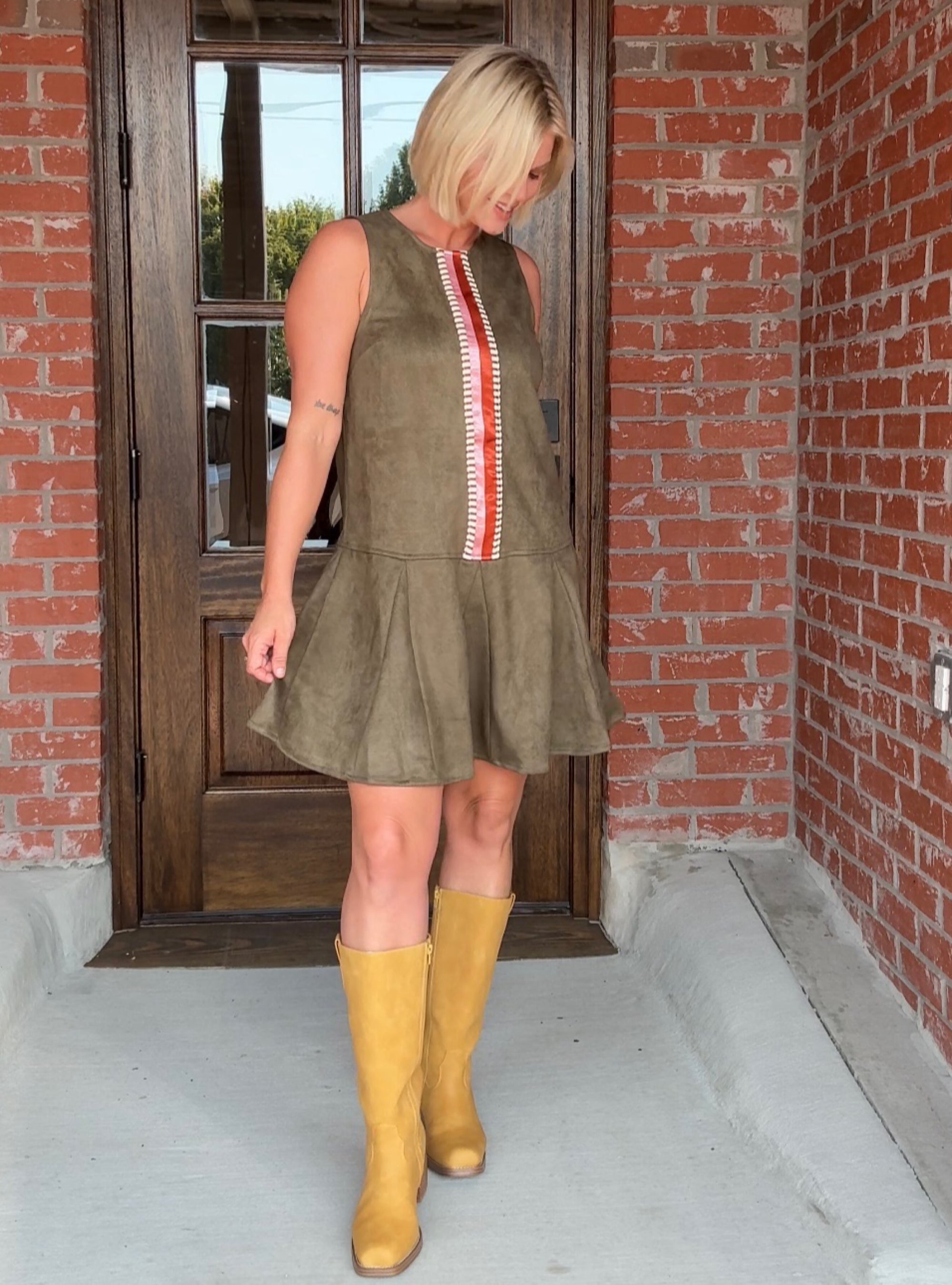 Center of Attention Faux Suede Olive Dress