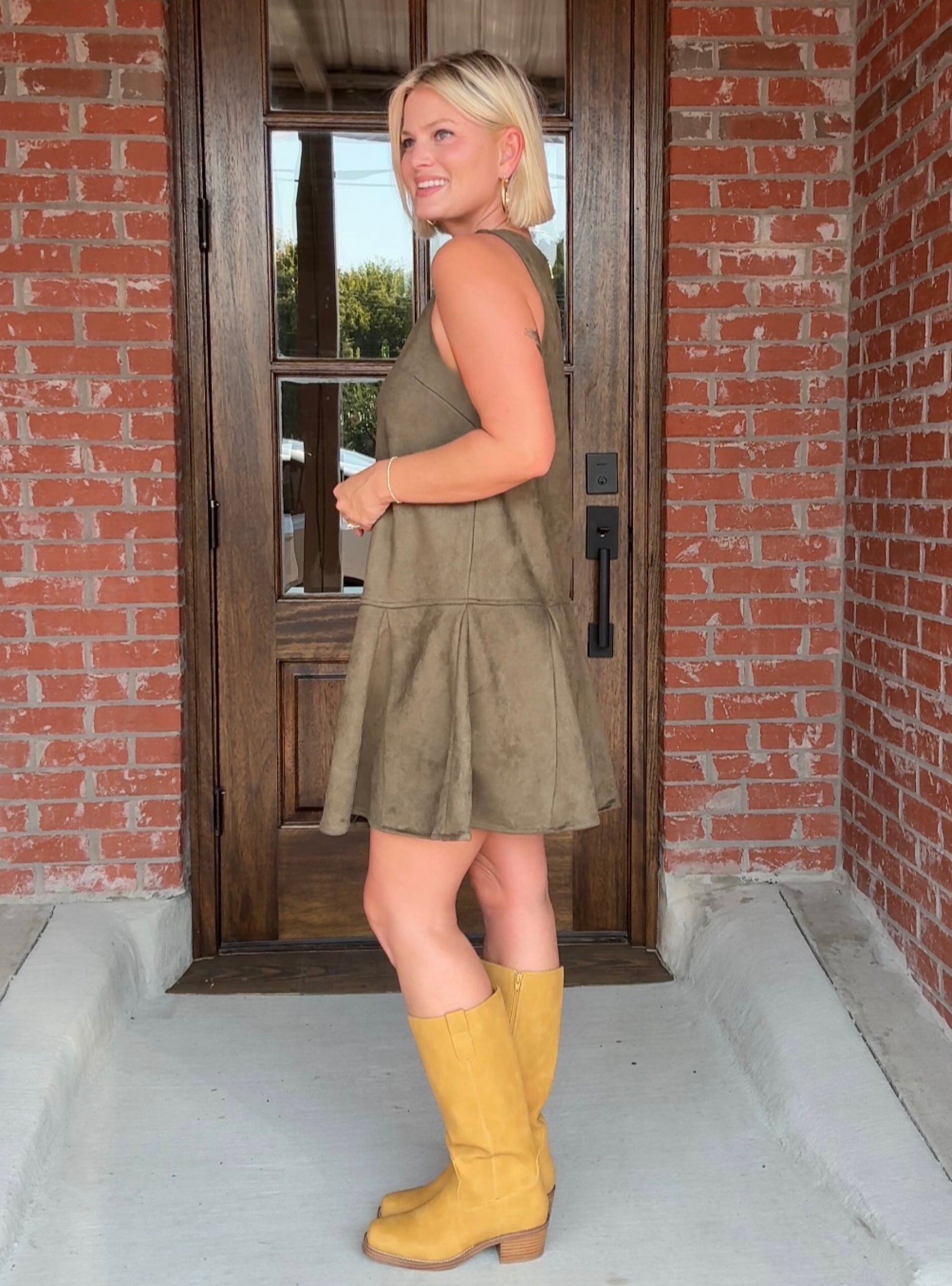 Center of Attention Faux Suede Olive Dress